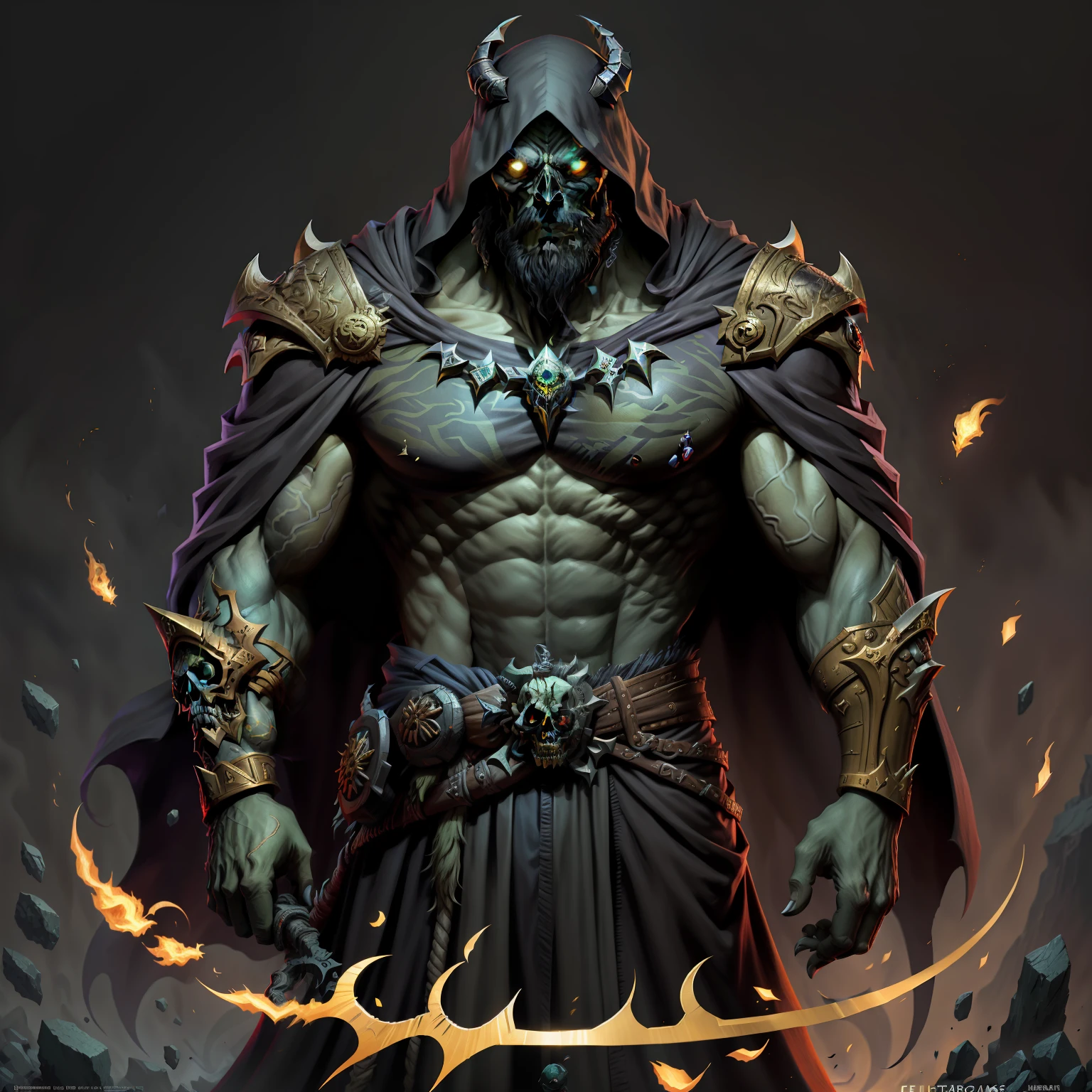 Create a square like nft 3D 360 a golden detail on the side and name God of death with the letter on black background Golden detail standing detail standing detail with more details in a better quality triangle, obra-prima, ultra high-resolution,fundo detalhado,realista,Hadesstyle,somente,macho,maduro,somente,curto,facial hair,mago,necromante,skull,fogo verde,horror \(tema\) ,fantasia negra,Ser,capa,Depth of field The heroes fought with bravery and determination against the Grim Reaper, knowing that the existence of his kingdom depended on his victory. Powerful spells were cast, espadas brilharam e escudos se ergueram contra os ataques devastadores do Ceifador.
