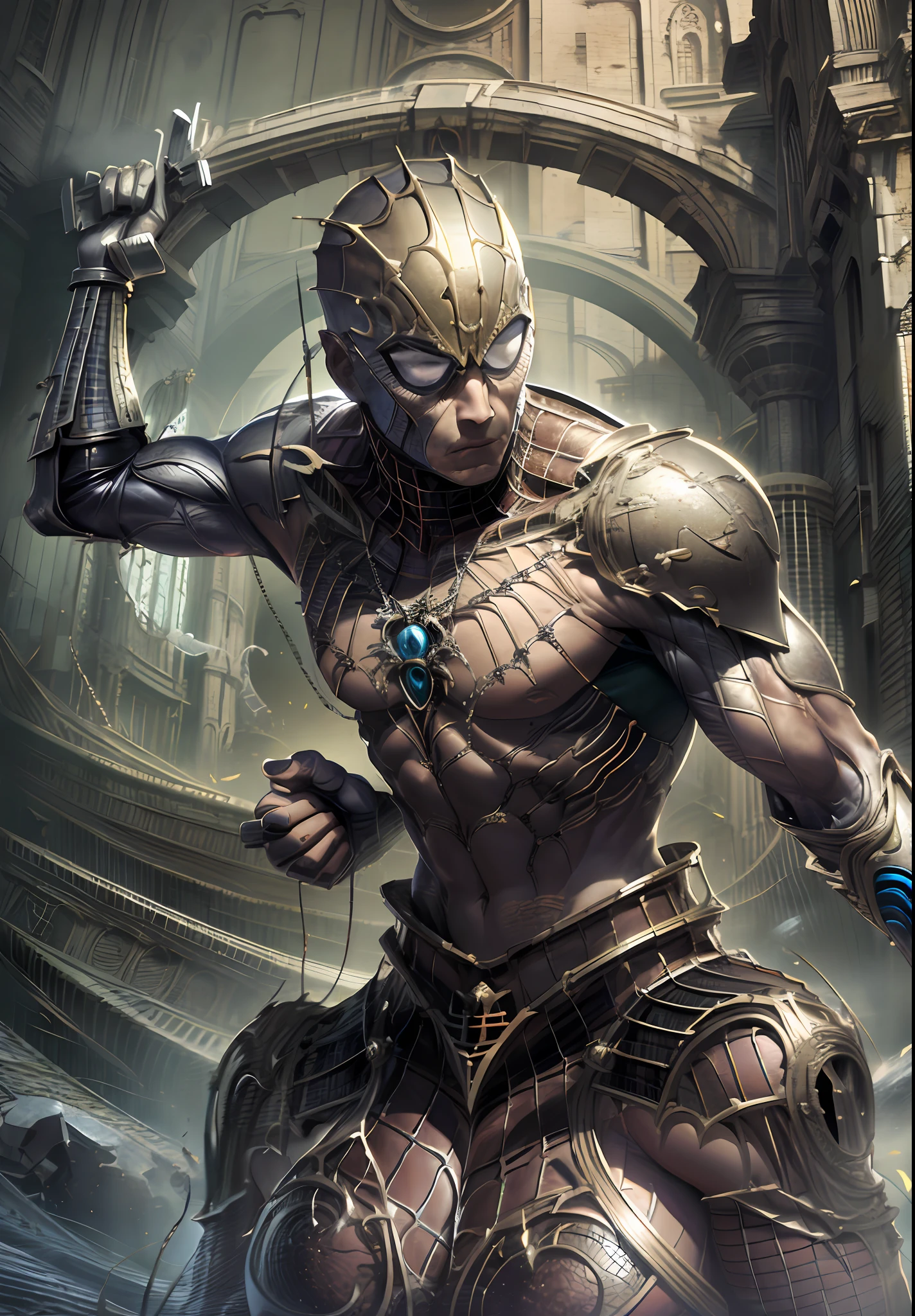 Ancient myanmar warrior spider - man in armor with sword and shield in hand, concept art inspired, Artstation contest winner, ancient warrior, full black arabesque armor spiderman, the black gold warrior:2.1, mystic myanmar warrior, epic luxurious detaild warrior, spiderman as terminator, portrait of ninja slayer, ancient warrior, spiderman as myanmar warrior, ancient myanmar style spiderman, stunning character art, graphic novel cover art,ultra realistic, 4k, oil painting, unique art worklphohonsee pixar, 16k, 8k, 4k, HD, 3D, vivid light refractions --w 1920 --h 1020,masterpiece city design,luxurious cinematic colour quality, unique and mesmerizing building look, tranding on artstation,(magnificent art), ostentatious detailed apocalpyse bagan city.
