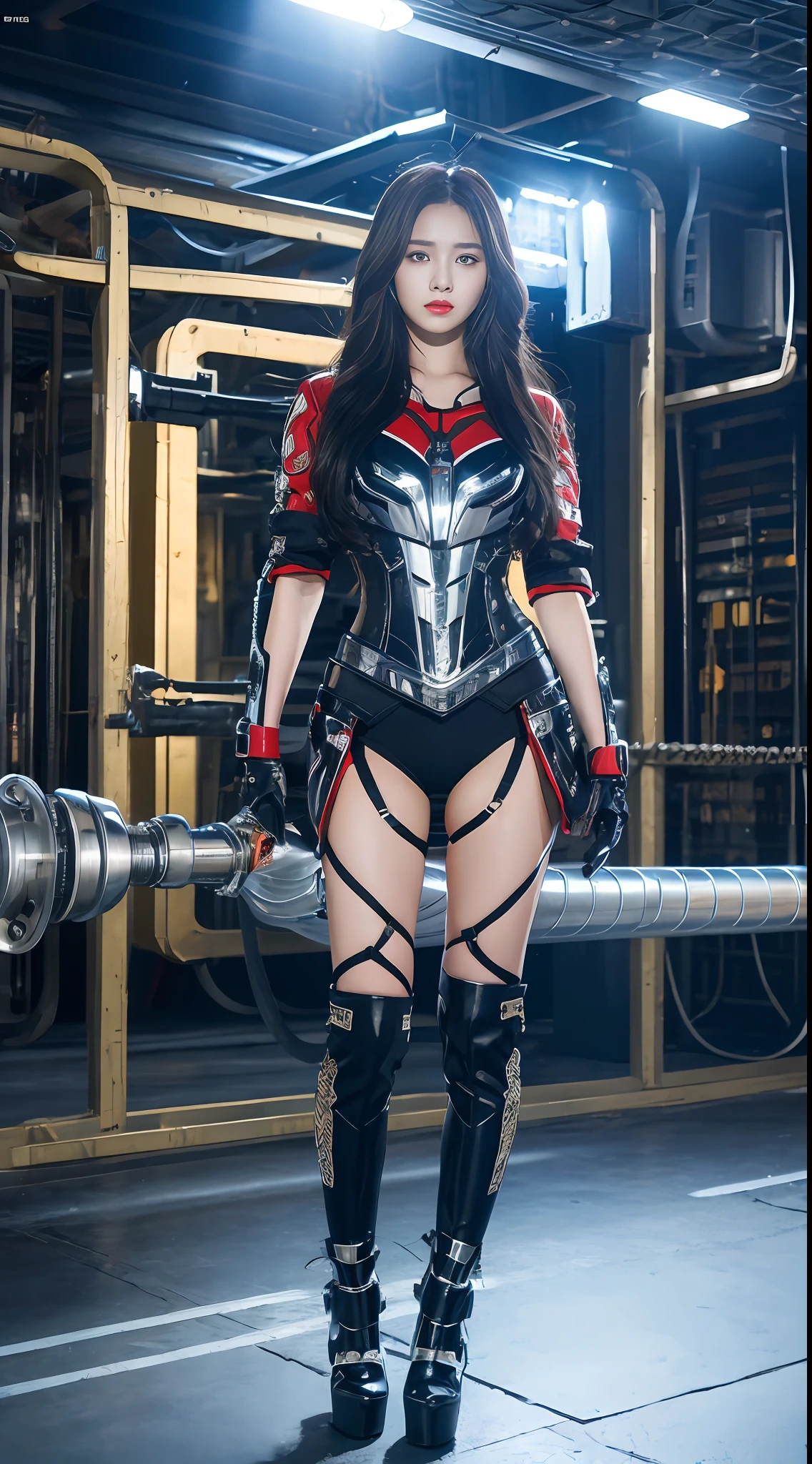 Masterpiece,Best quality,Ultra-high resolution,Realistic,realistic sense,ultimate details,8K wallpaper,Professional lighting,Perfect hand,Realistic hands,1girll,Solo,standing,full body,(Long black hair:1.1),Ketch Hikic,wearing a mecha,Mechanical joint,Dynamic posture,Universe,earth,Machinery,High heels collection,Mechs are less feminine,Chain link fence,Real,Girl
