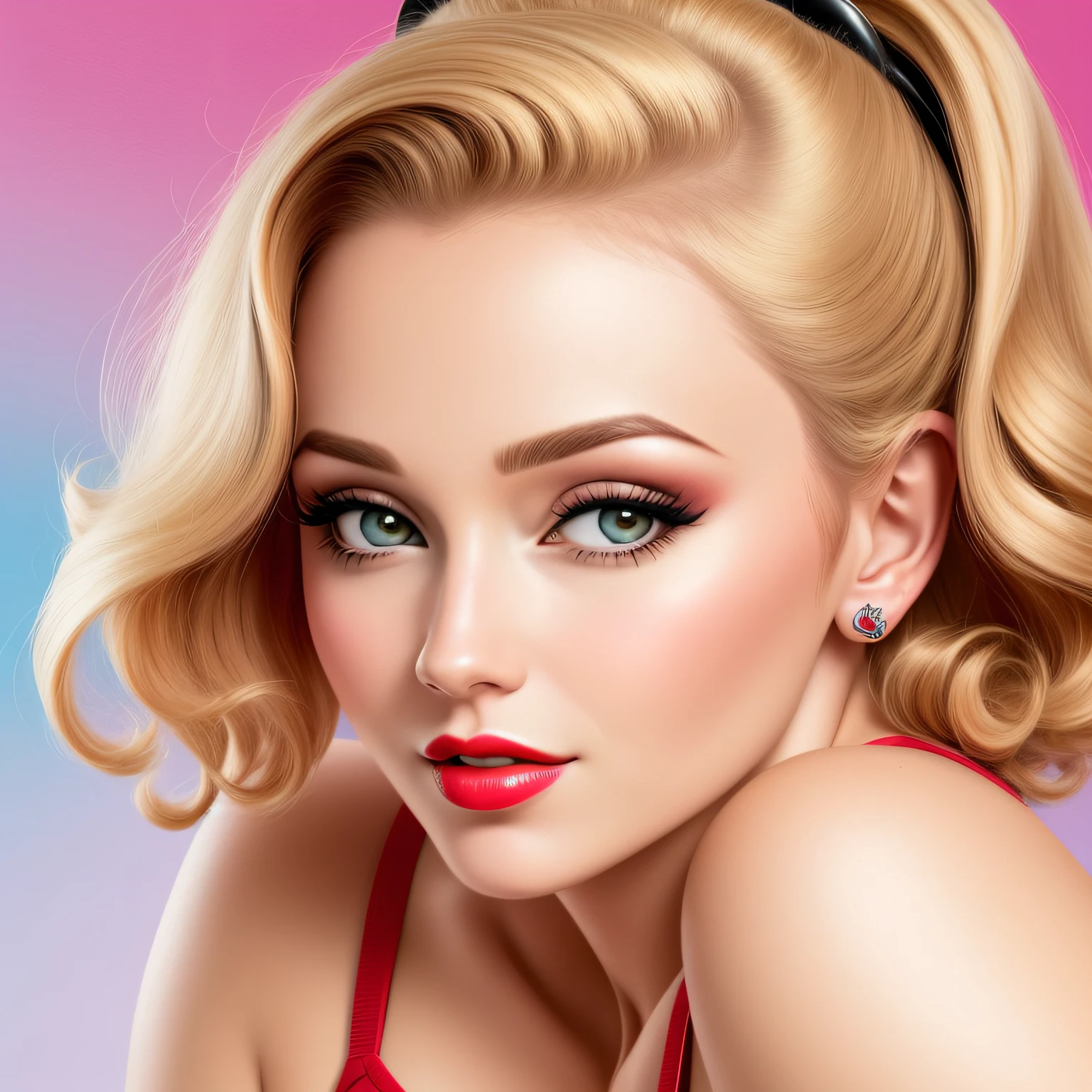 um desenho de "pin-up, uma mulher, estilo pinup, rosto, olhos,, boca, cabelo, detalhado"