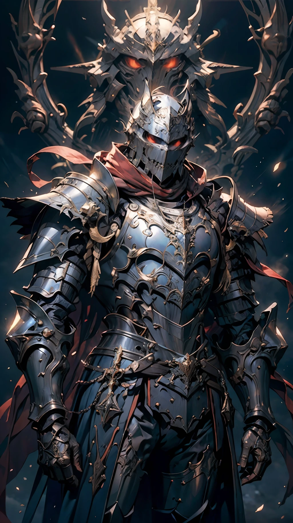 (Realism, photo realism: 1.3), (lens focal length: 35mm), backlight, a knight's mechanical armor, luxurious and exquisite shape, a blue glowing cross carved on the chest of the mecha, the mecha holds a red glowing wide and heavy armor sword, the red scarf sways in the wind, the knight's eyes are red flame light, and the battle posture is drawn