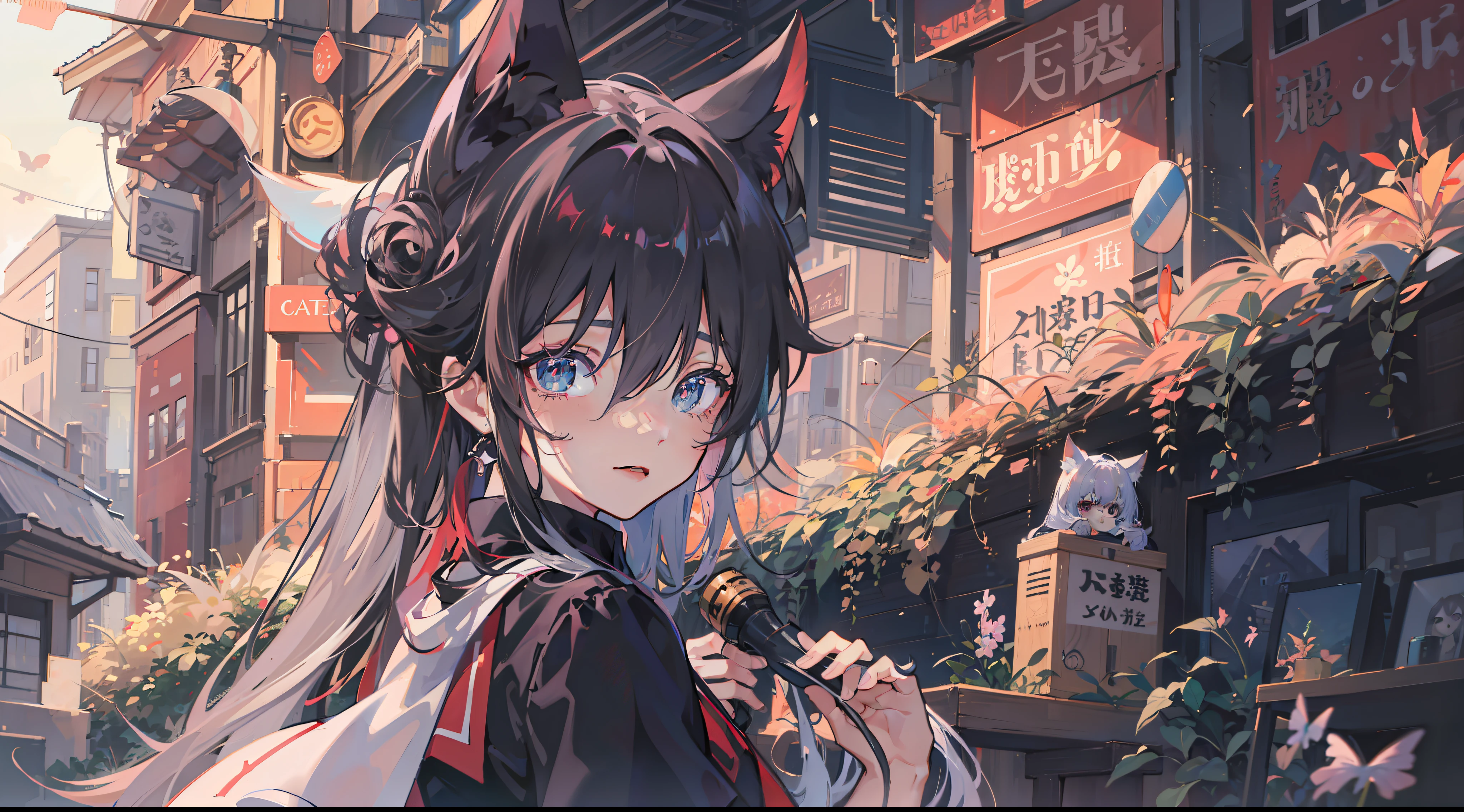 Buildings eroded by vegetation,Long black hair anime girl, anime style 4 k, Anime girl with cat ears, Anime art wallpaper 8k, beautiful anime catgirl, digital anime illustration, anime wallpaper 4 k, Very Beautiful Anime Cat Girl, anime wallpaper 4k, 4k anime wallpaper, anime style illustration、(A devastated world:1.3)、arknights、(teens girl)、made in abyss