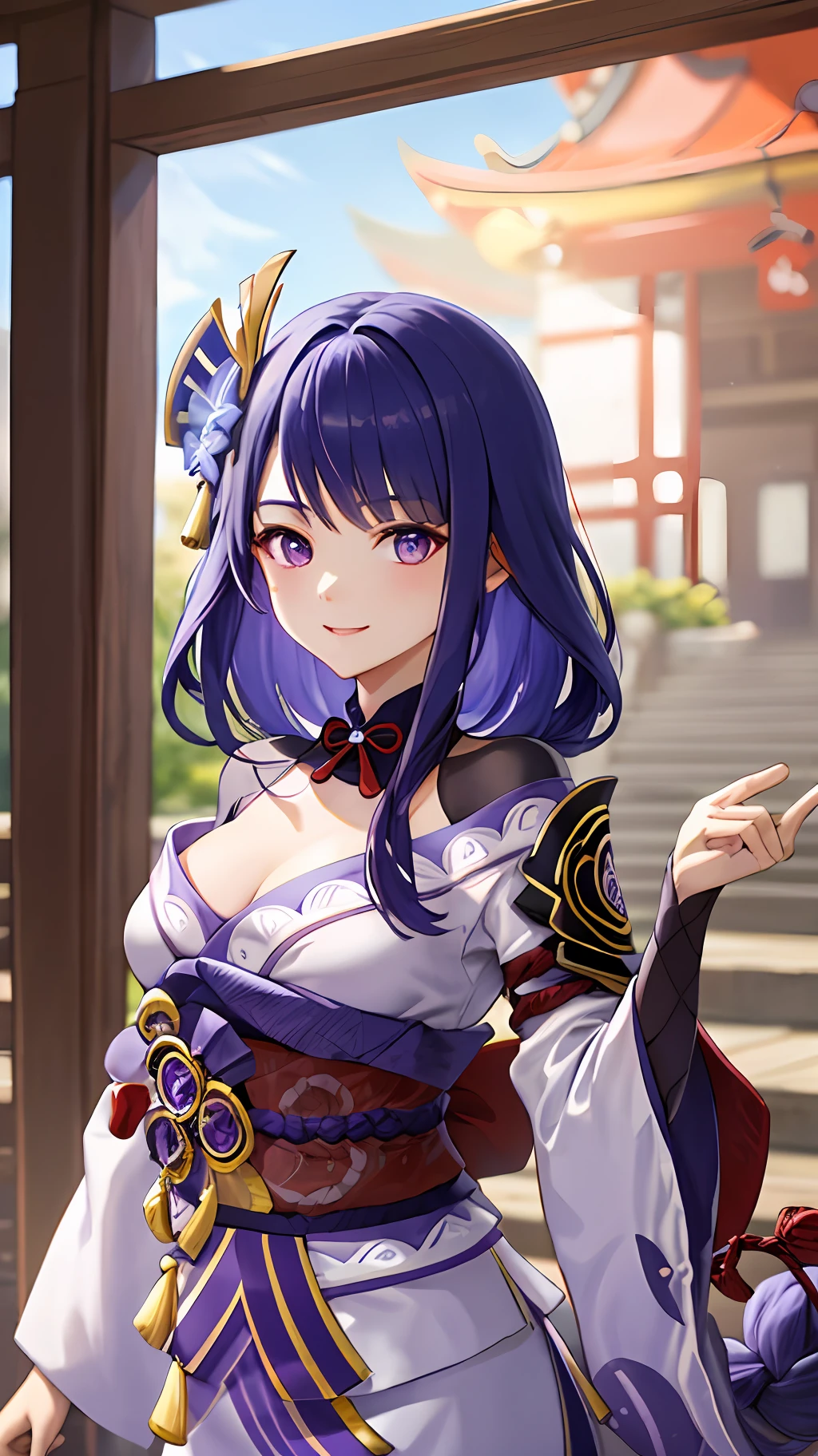 raidenshogundef,The upper part of the body,ssmile,Be red in the face,inside in room,In the daytime,simple backgound,blue-sky,short detailed hair,Skysky,temple,looking at viewert,stairways,mont,moody light,face to the viewer,