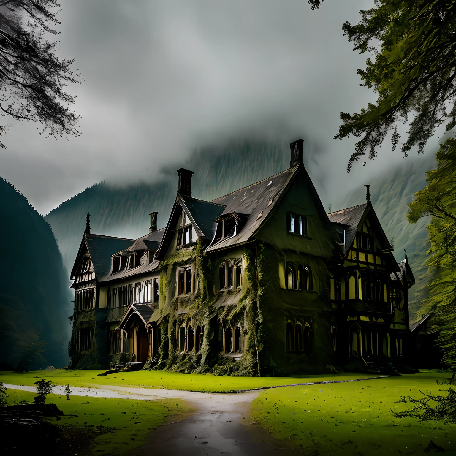 In a remote village, surrounded by dense forests and rugged mountains, stood a gothic manor house, known as the Mansion of Horrors. Since time immemorial, dark legends had shrouded the place, whispers of terrible tragedies and tormented souls that roamed its empty halls. The atmosphere charged with horror and suspense enveloped every brick and window of this imposing construction.