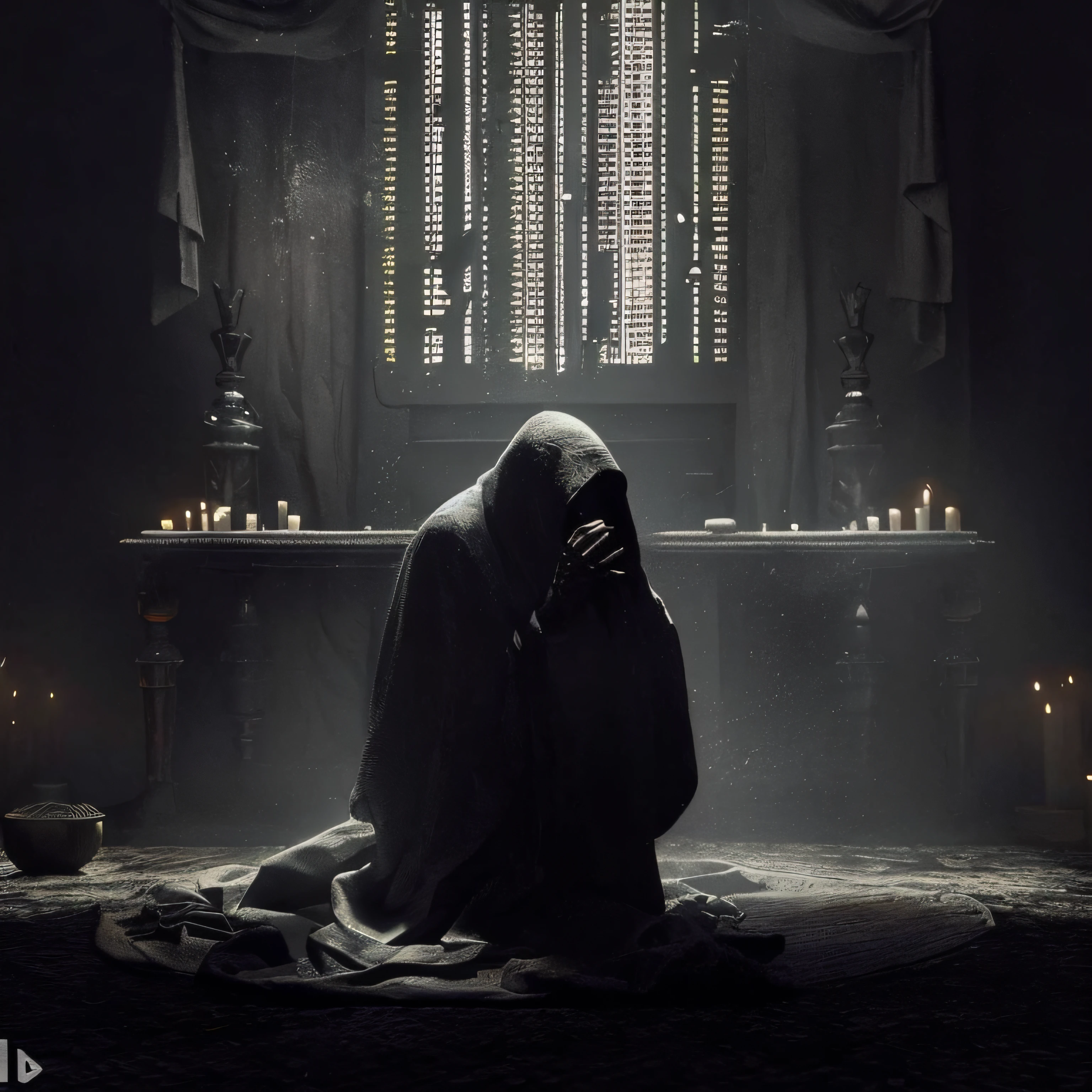 Imagem de um robo ajoelhado em uma sala escura com velas, arte conceitual escura fotorrealista, dark cinematic concept art, Cinematografia deslumbrante e mal-humorada, filme ainda 8K, dramatic cinematic composition, 8 k filme ainda, Yuri Shwedoff e Tom Bagshaw, conceito de alma escura, Directed by: Artur Tarnowski, Directed by: Darek Zabrocki