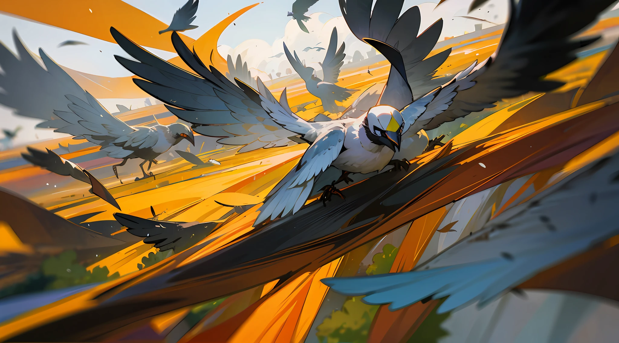 Use comandos para criar uma estampa abstrata de aves em movimento, em fundo preto, with dynamic lines.