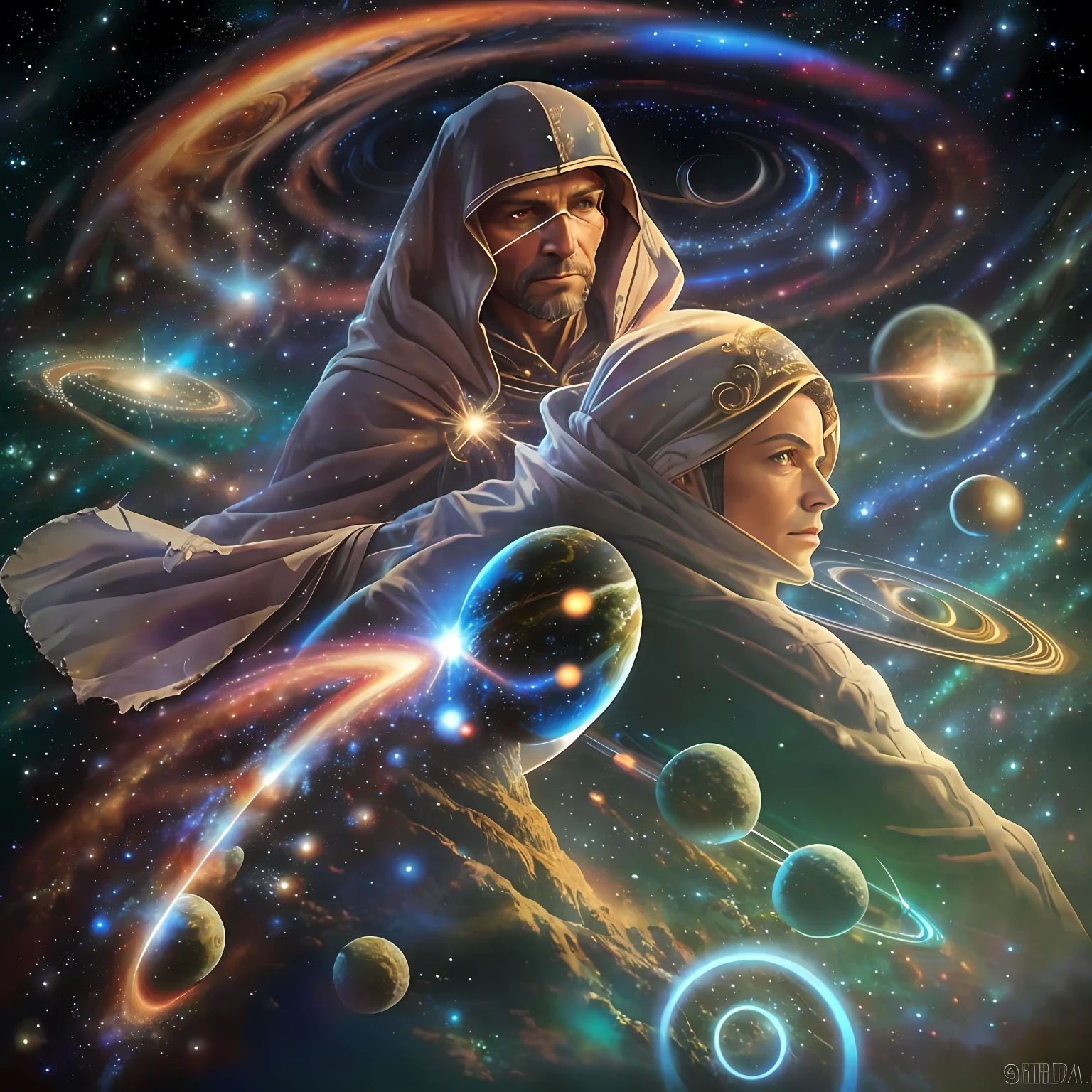 God, gigantic, enlightened man, 60 years old, guardian of the galaxies, wrapped in a white and gold veil atop a planet in front of a spiral vortex with a background of galaxies, magic portal in the sky, Brilliant magical time portal, altamente detalhada em 32k, hiper detalhado, hyper sharp, hiper realista, hiper intrincado, estilo foto realismo