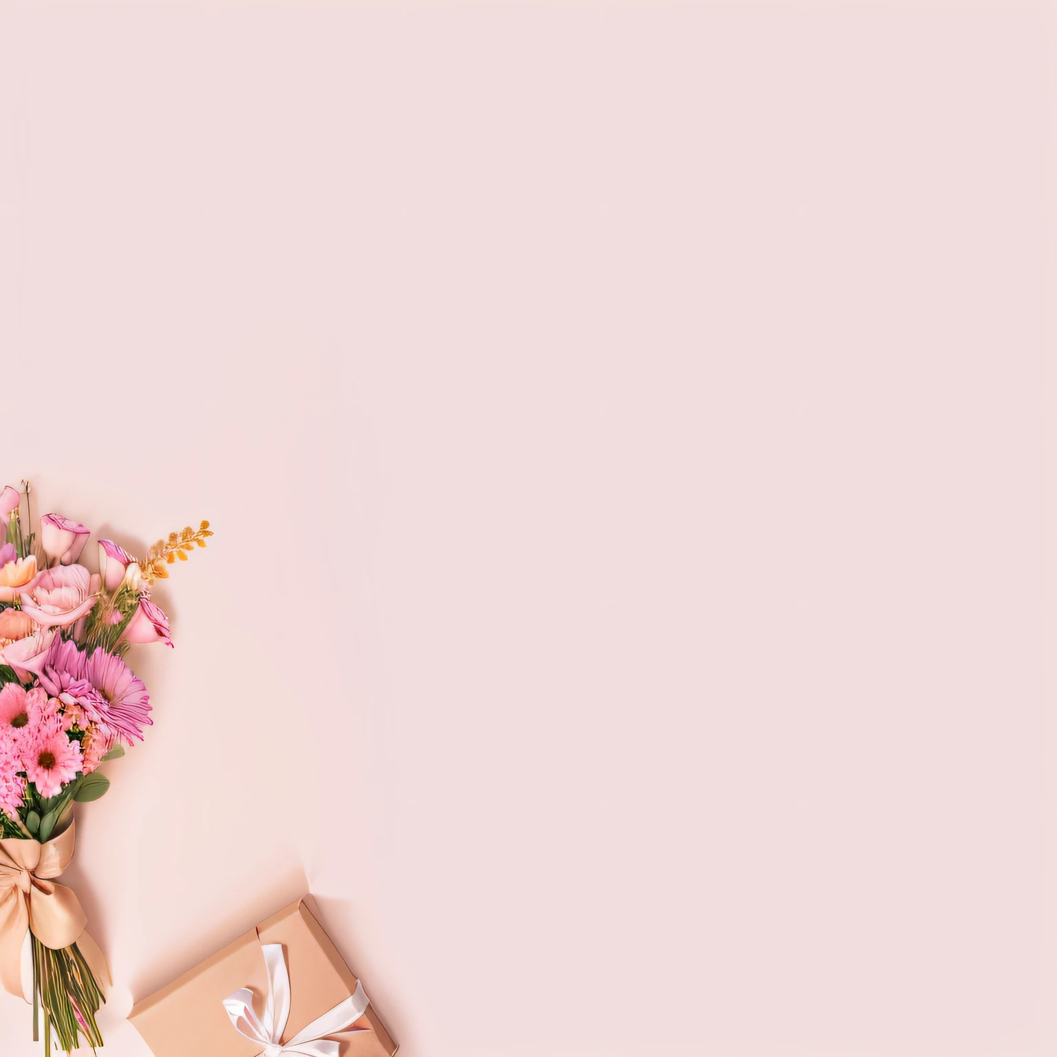 ((4k, obra-prima, melhor qualidade), pintura digital, Bouquet of flowers with a small gift box, on brown paper with ribbon loop, solid background --auto