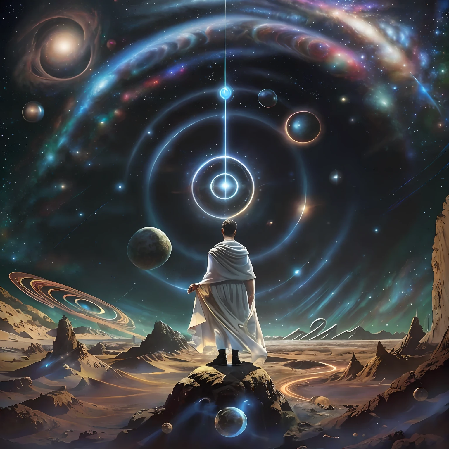 God, gigantic, enlightened man, 60 years old, guardian of the galaxies, wrapped in a white and gold veil atop a planet in front of a spiral vortex with a background of galaxies, magic portal in the sky, Brilliant magical time portal, altamente detalhada em 32k, hiper detalhado, hyper sharp, hiper realista, hiper intrincado, estilo foto realismo