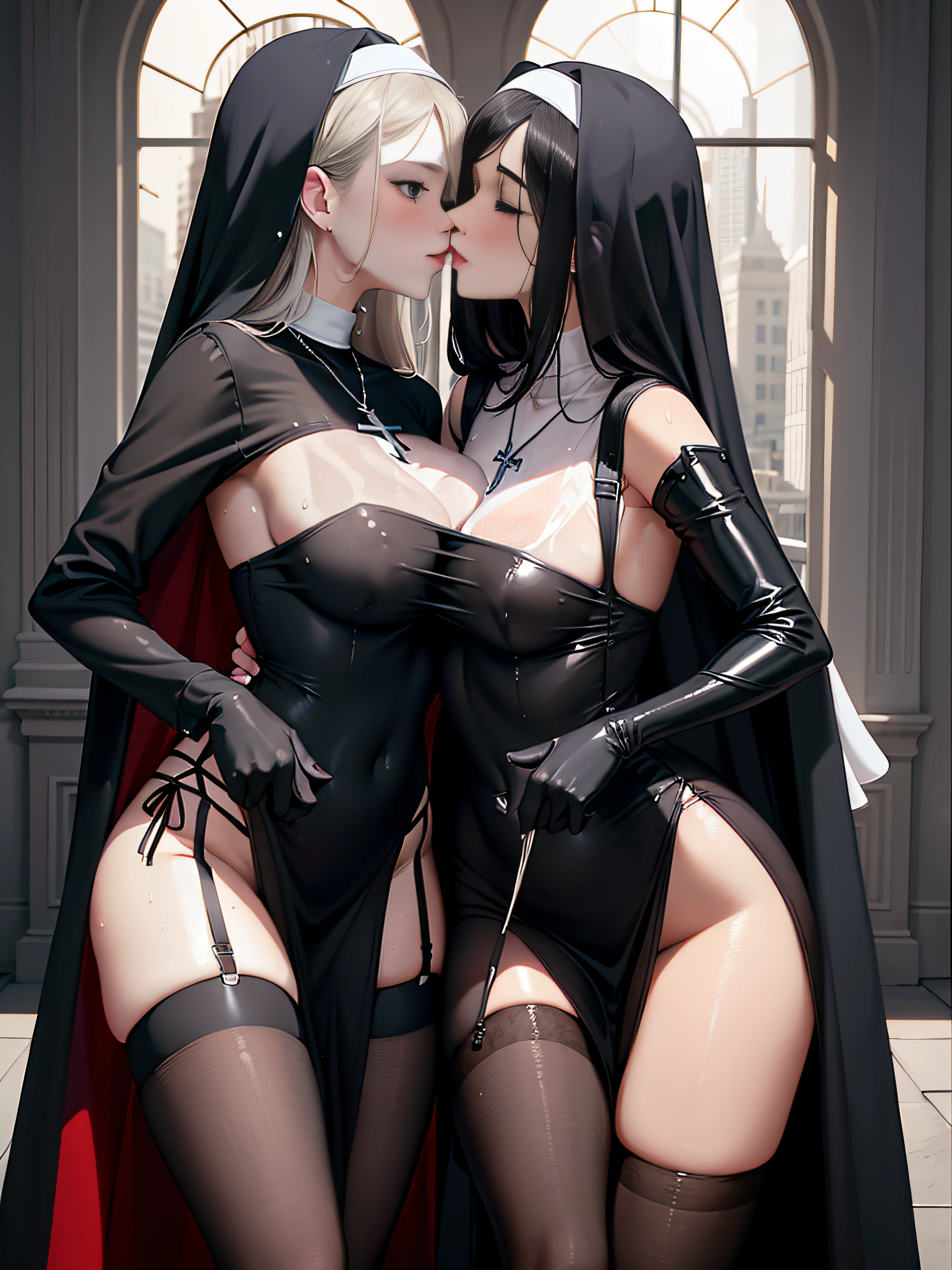 Excellent, masterpiece, 2 women kissing, perfect face, beautiful face, thigh highs, gloves, cross necklace, black gloves, side slit, nun,, sexy, provocative, very erotic, wet skin, steam, blush(wetshirt:1.3) (wet_shirt) (wet_dress), (light_nipples), in a sheer see through wet white shirt