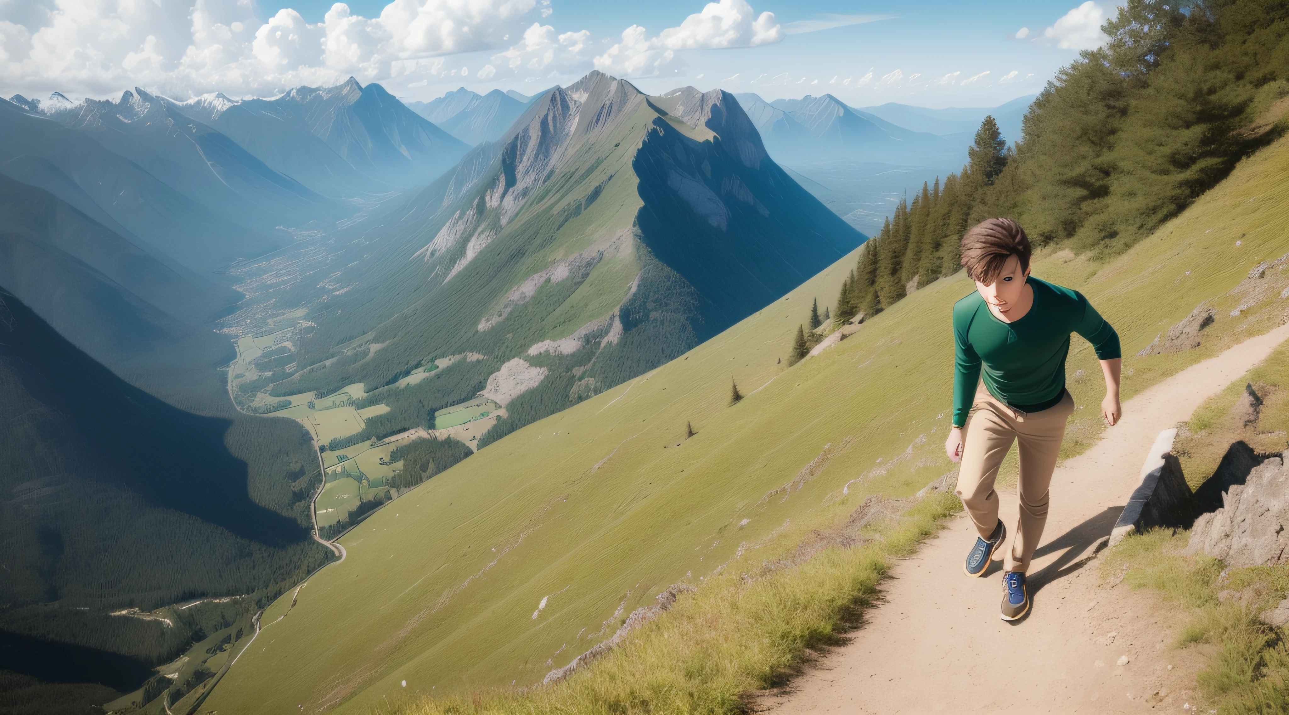 young man with spiky brown hair climbing a mountain (not at the top yet), wearing a green sweater, blue pants, brown shoes, with clouds and mountains in the background, 2D, anime style, studios ghibli style