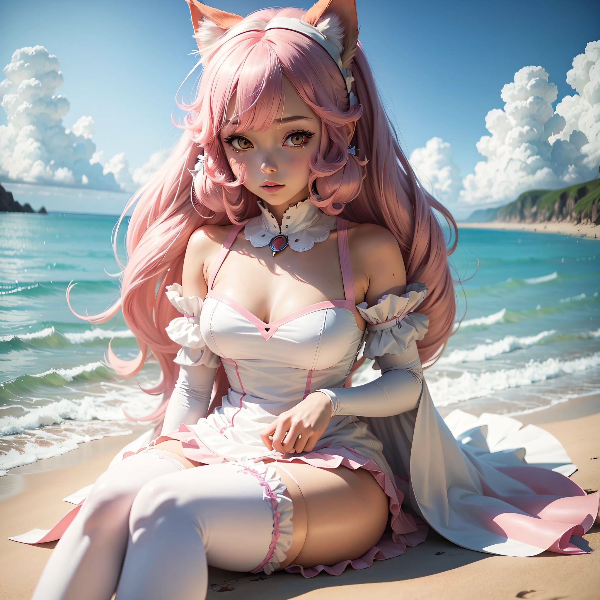 Anime girl with long pink hair and white dress on the beach, Anime girl cosplay, Anime goddess, beautiful fantasy anime, Very beautiful anime cat girl, Anime cosplay, Beautiful anime, cute anime waifu in a nice dress, Holo is a wolf girl, pink twintail hair and cyan eyes, cosplay of a catboy! maid! dress, anime in fantasy style,Leg detailing,white stockings --auto