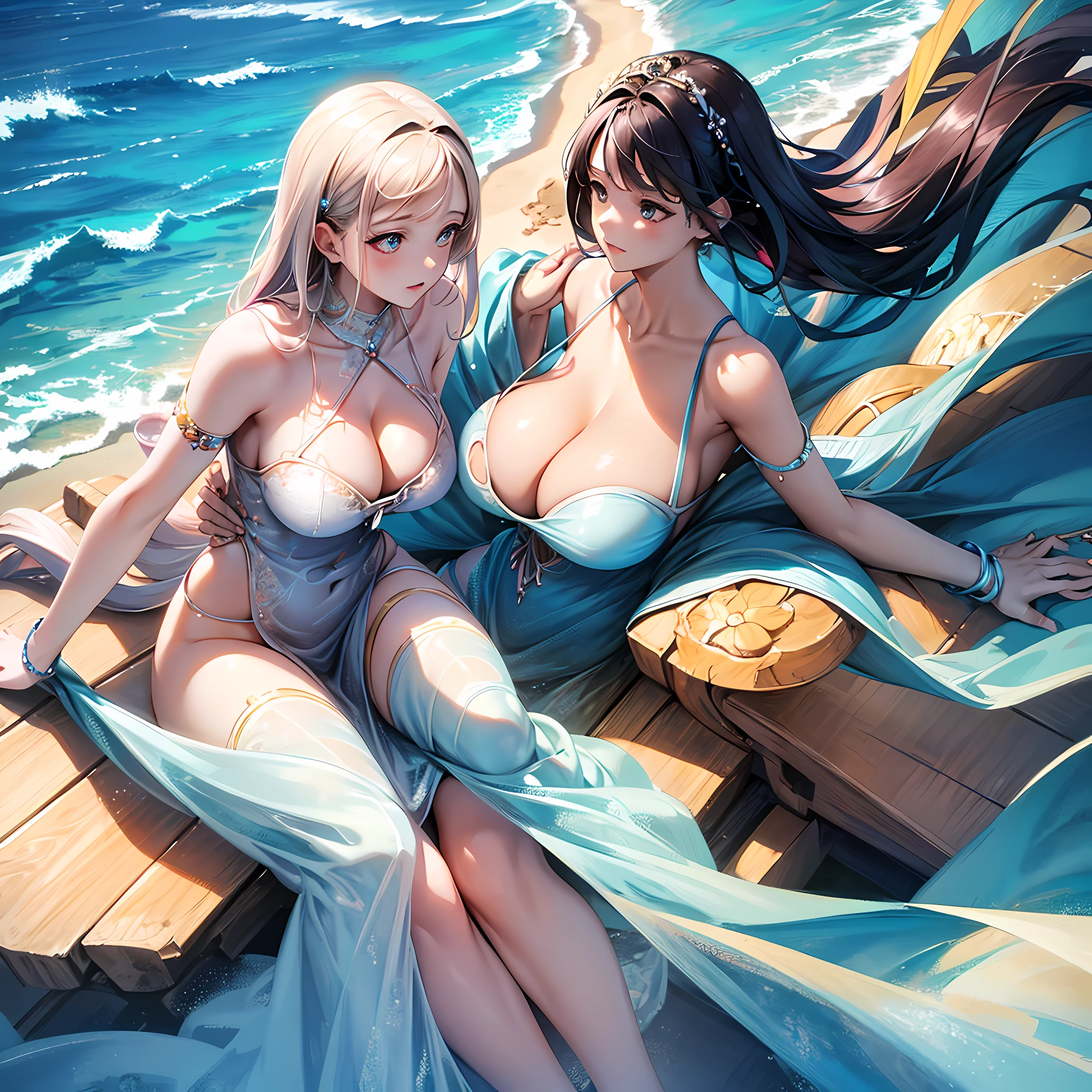 beautiful  Girl，the ocean，sandbeach，big breasts exposed cleavage，Two-dimensional illustration，Delicate details，Vibrant, colorful，Thermal lighting，Rich shadow effects，Soft strokes，cuteexpression，Gorgeous costumes，natural vibe，Soft light effects --auto