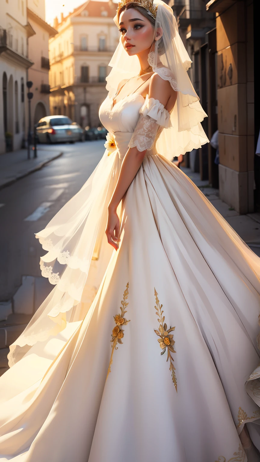 Vestido inteiro, full body up to feet. Wedding dress with short veil. O vestido possui grinalda longa e transparente com flores embaixo. He has a golden crown on his head. O vestido possui um leve decote em V. The sleeves are down, revelando os ombros, e possui babados. The neckline is decorated with flowers. O corpete feixe na frente. The waist is adorned with flowers. The dress bar flutters and is decorated with flowers