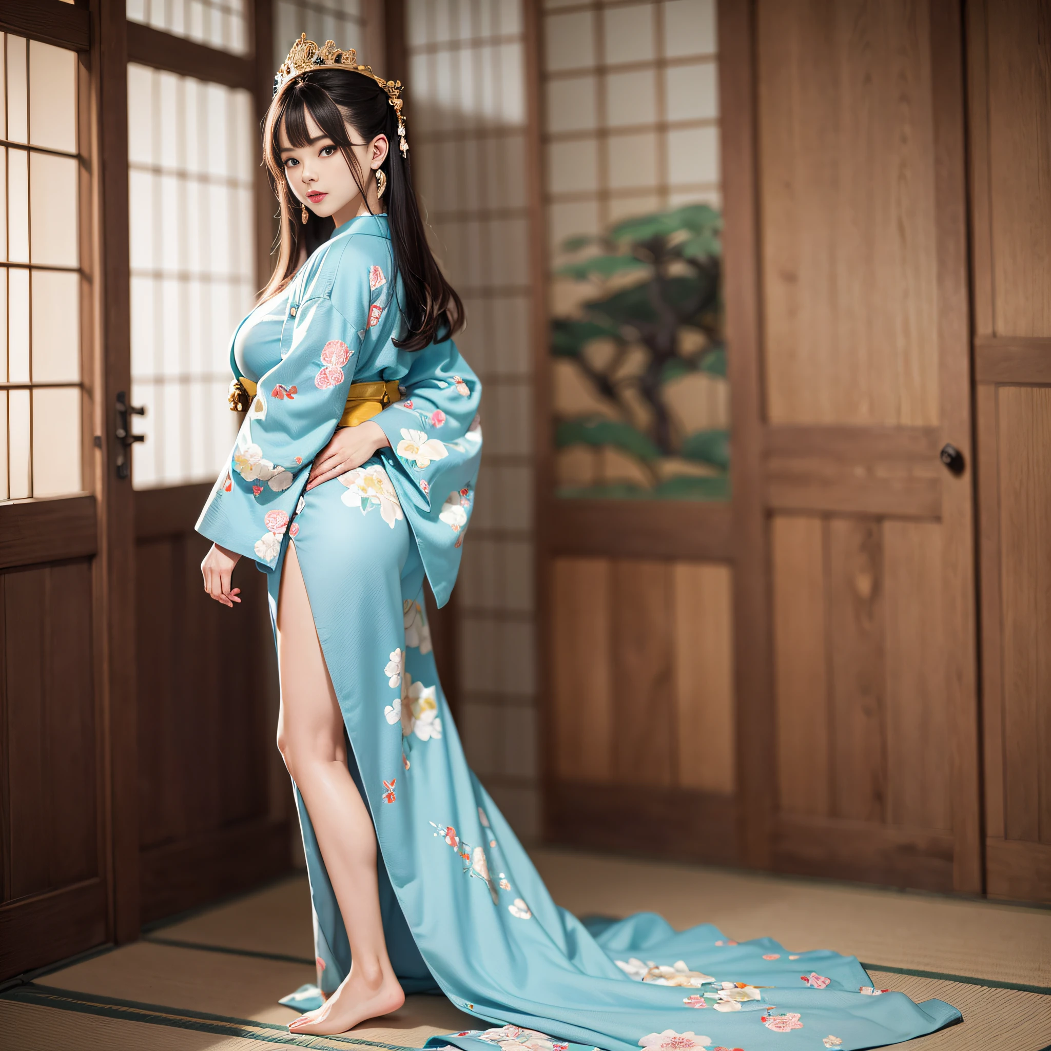 ((Super masterpiece、top-quality、ultra-definition、超A high resolution))、1girl in、Beautiful daughter、Princess of the Japan of the Edo period、I'm standing、super model、Raw photo、Nikon SLR D6、portrait shooting、Super beauty、a beauty girl、radiant eyes、perfect  eyes、18year old、standingn、full body Esbian、Healthy beauty、Himeji Castle Guest Room、5 fingers on the hand、Elegant and splendid kimono、Pale light blue underwear、Looking Back Beautiful Girl、red-lips、perfectly proportions、The Golden Rule、Slender figure、Colossal tits、appealing hip、Dark Fantasy、Famous castles of Japan、