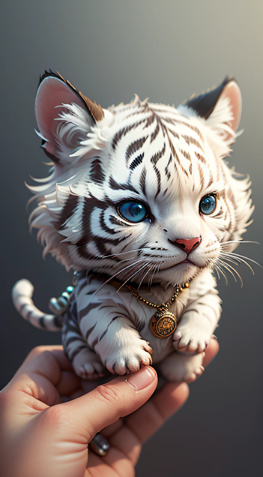 cute tiny  hyperrealistic white tiger with different color eyes waring a necklace, Chibi, adorable and fluffy, logo design, cartoon, cinematic lighting effect, charming, 3D vector art, cute and quirky, fantasy art, bokeh, hand-drawn, digital painting, soft lighting, isometric style, 4K resolution, photorealistic rendering, highly detailed clean, vector image, photorealistic masterpiece, professional photography, simple space backdrop, flat white background, isometric, vibrant vector