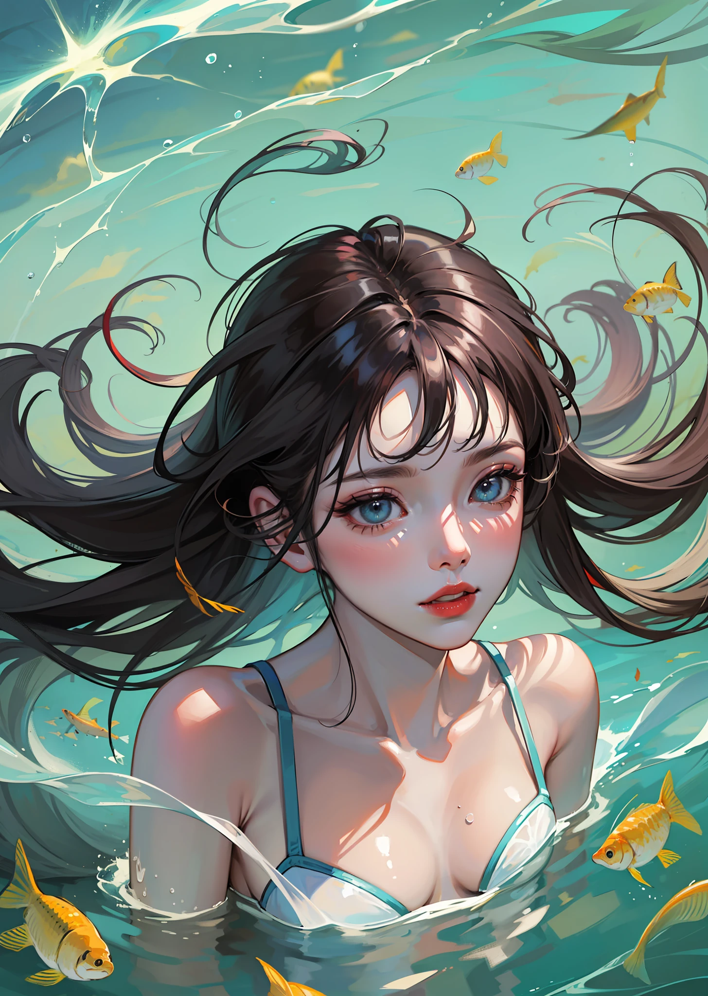 (swimmer diving), a beautiful portrait, (1 woman), tanned skin, long wavy hair, diving in crystal clear water, vibrant reflections, elegant movement, background in shades of light blue, fishes, soft waves, aquatic nuances, Kodak Portra 400, light rays, intricate details, hyper-realistic photography, cinematic, cinema, hyper-detail, UHD, color correction, hdr, color grading