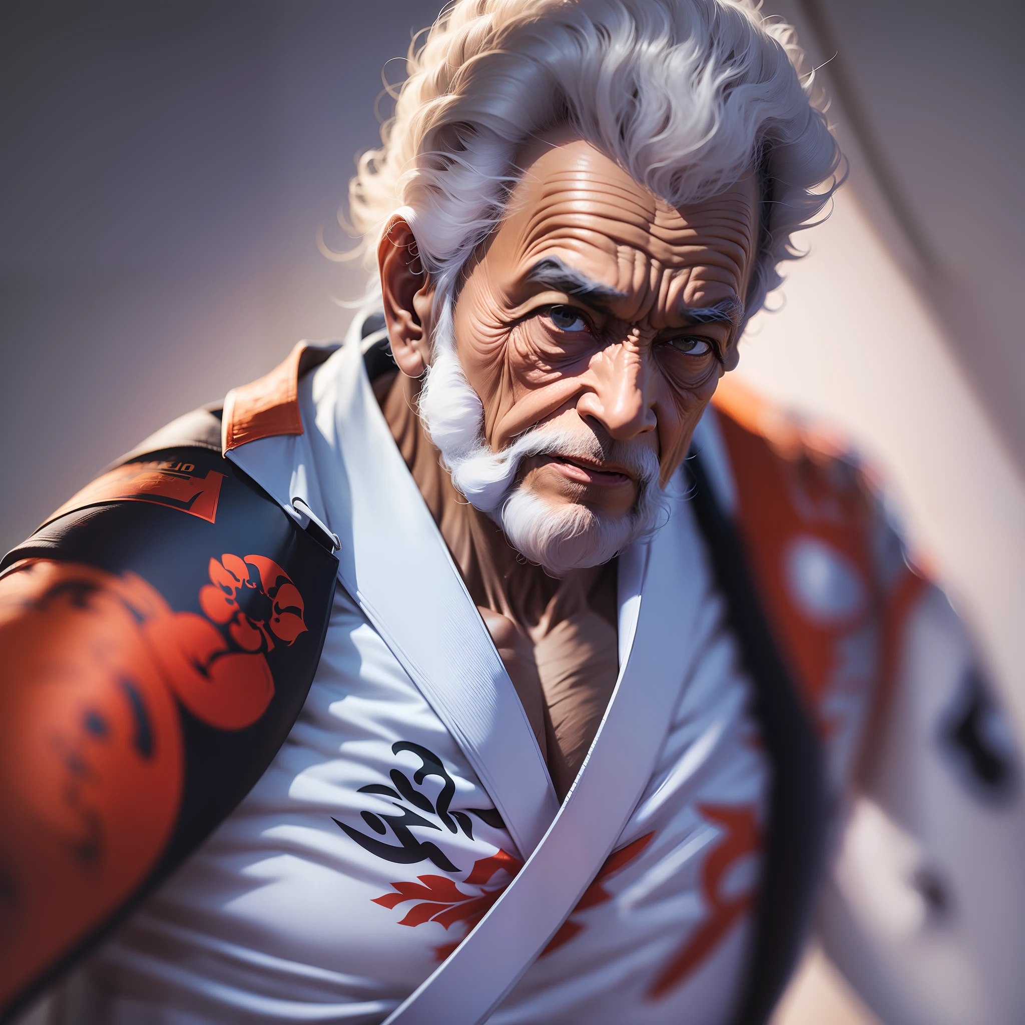 (((Um homem velho rabugento usando roupas de taekwondo))), Realistic image, detalhes intrincados realista, UHD, 8k.