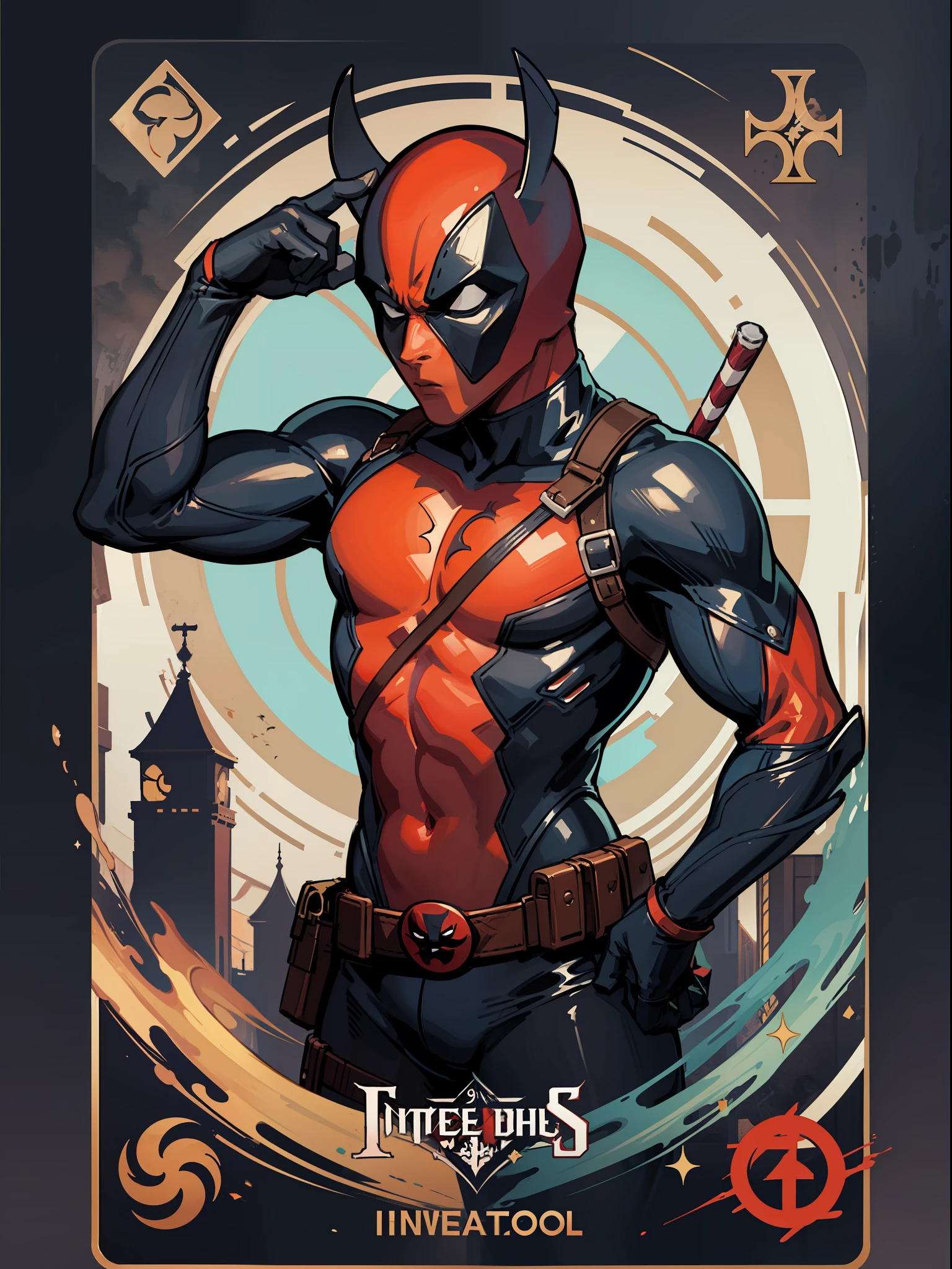 A game card and border design of [Deadpool masculino] with decorated borders and icons, No estilo da Capcom, cores vibrantes, paleta de cores vermelho e preto, magia de fantasia, circunstanciado, intrincado, 8k, octan render