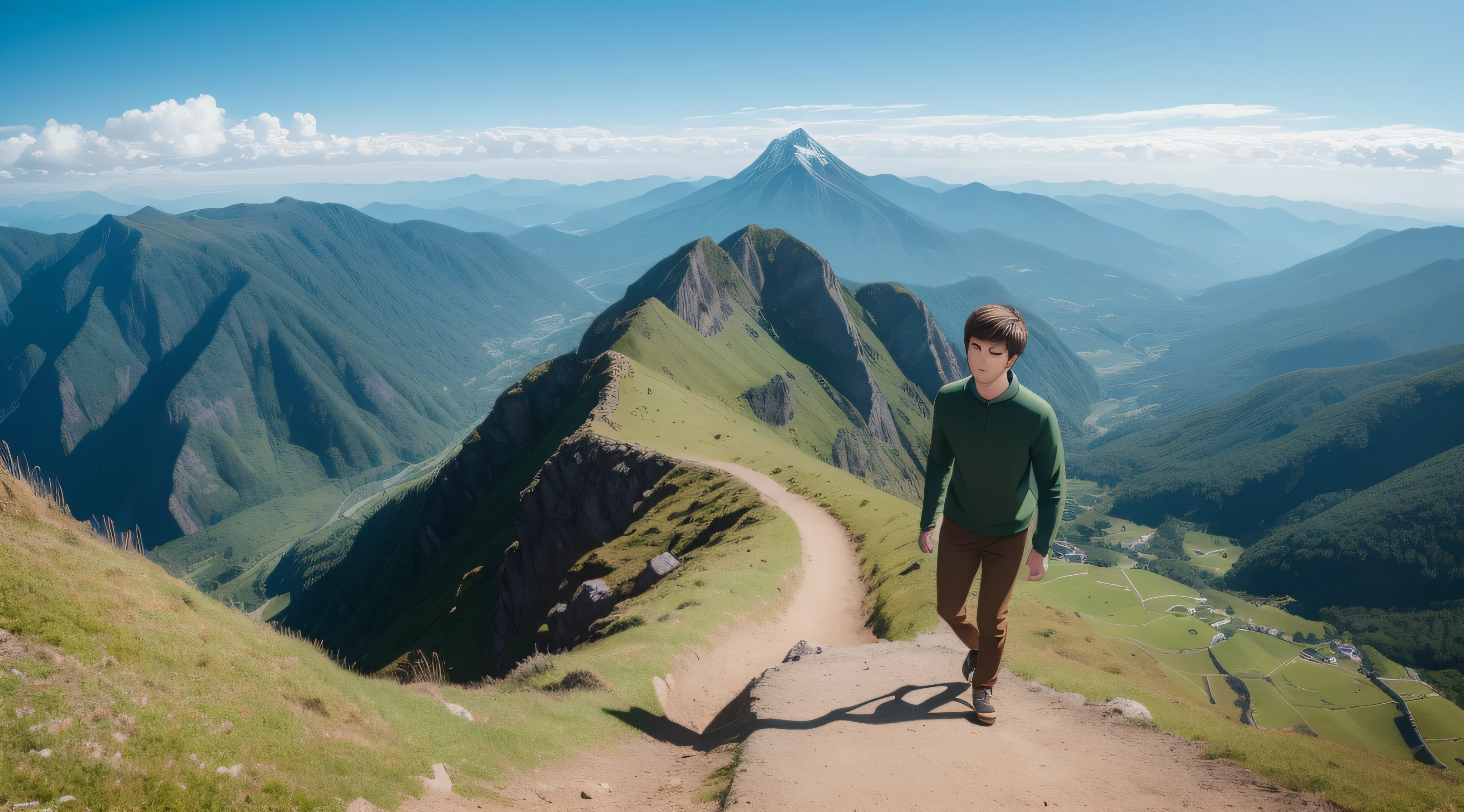 young man with spiky brown hair climbing a mountain (not at the top yet), wearing a green sweater, brown pants, blue shoes, with clouds and mountains in the background, 2D, anime style, studios ghibli style