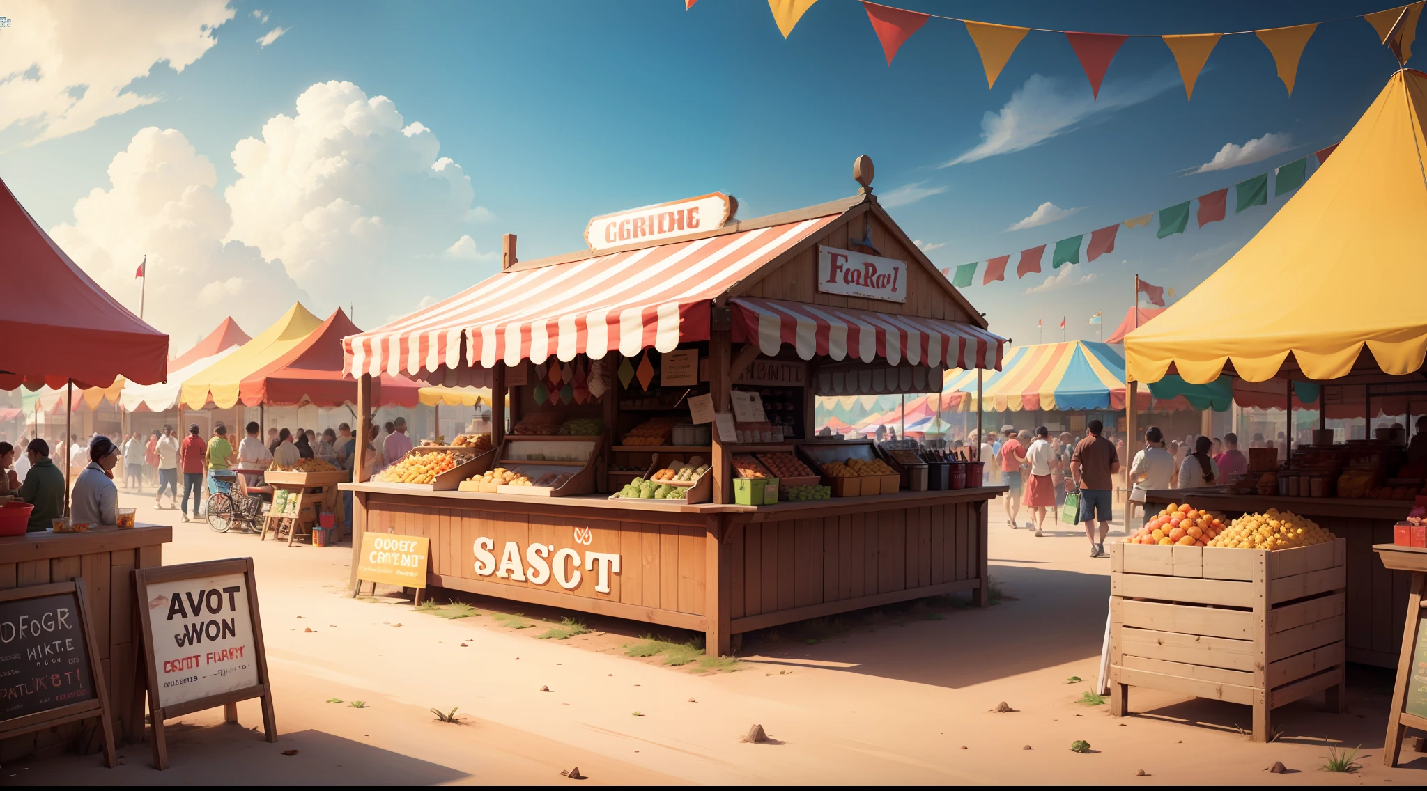 Create a colorful illustration of a Northeastern fair with stalls of typical foods. --auto