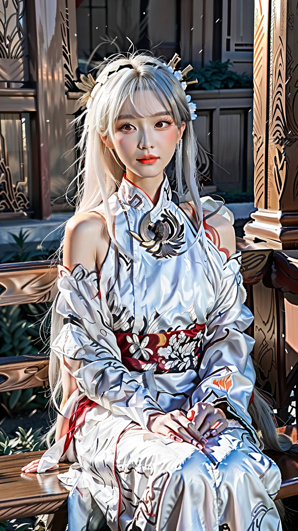 there is a woman in a white and red dress sitting on a bench, palace ， a girl in hanfu, white hanfu, white hime cut hairstyle, hanfu, anime girl cosplay, wearing ancient chinese clothes, anime cosplay, white haired deity, with white long hair, with acient chinese clothes, traditional beauty, with long white hair, with ancient chinese aesthetic