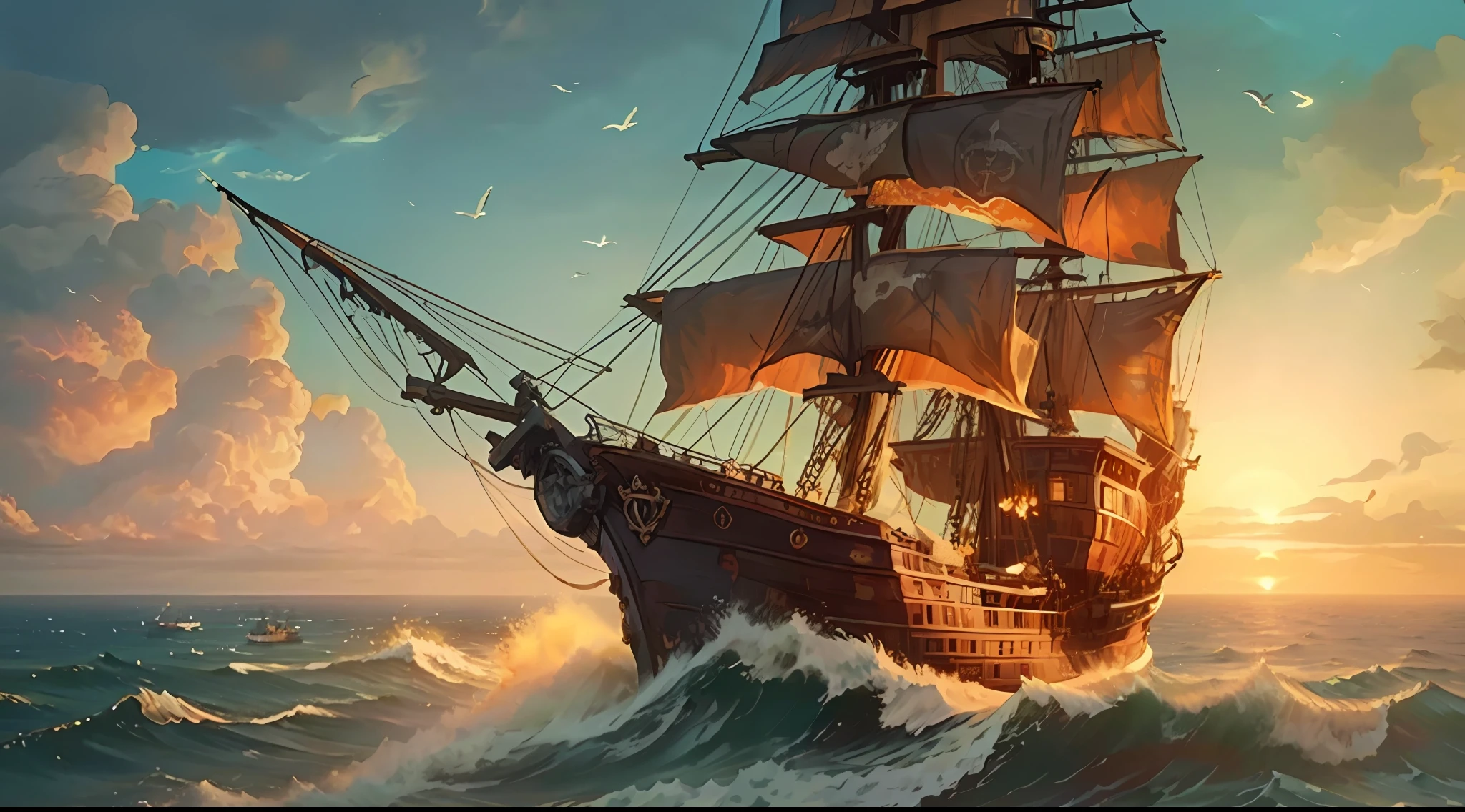 Painting of an ocean boat with sunset as a background,Detailed cover artwork,Amazing wallpapers,realisticlying,Realistic pirate ship,Old pirate ships,gothic ship on ocean,Set sail,seagulls,Fine sea,Highly detailed digital art in 4K,Burning ships,inspired by gaston bussiere,Roman Bezpalkiv,Detailed painting 4 K,Arthur Pan,Alexander Jean
