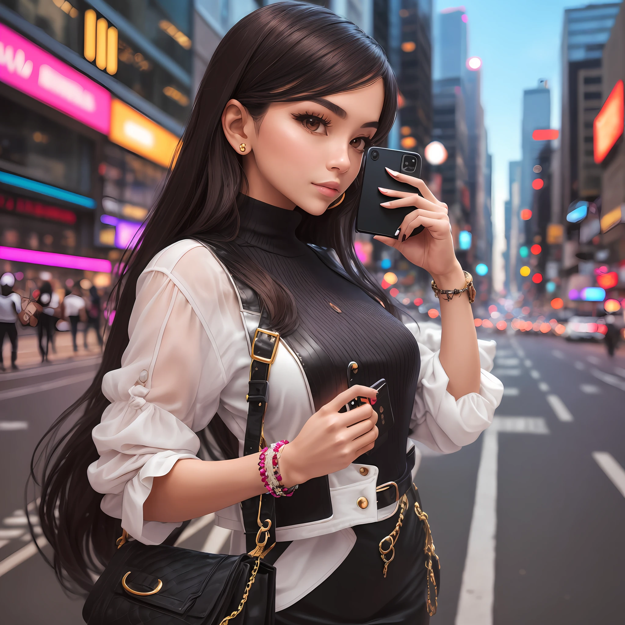 fashionista selfie on busy city streets" Follow Mia, a stylish fashionista, as she takes a selfie amidst the vibrant cityscape. Standing on a busy street corner, she captures her impeccable outfit, with skyscrapers and bustling crowds in the background, creating a chic and dynamic selfie. --auto --s2