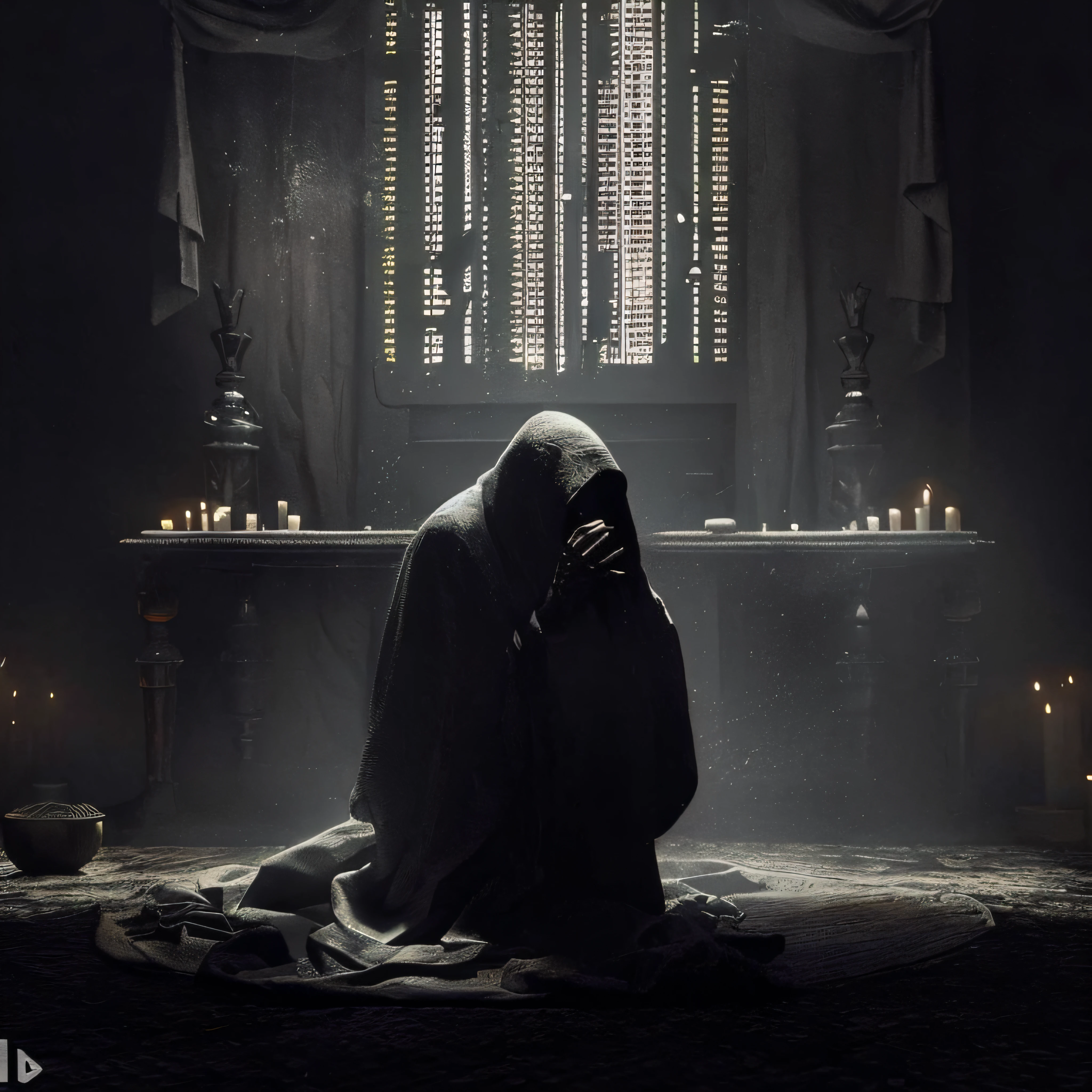 Imagem de um robo ajoelhado em uma sala escura com velas, arte conceitual escura fotorrealista, dark cinematic concept art, Cinematografia deslumbrante e mal-humorada, filme ainda 8K, dramatic cinematic composition, 8 k filme ainda, Yuri Shwedoff e Tom Bagshaw, conceito de alma escura, Directed by: Artur Tarnowski, Directed by: Darek Zabrocki