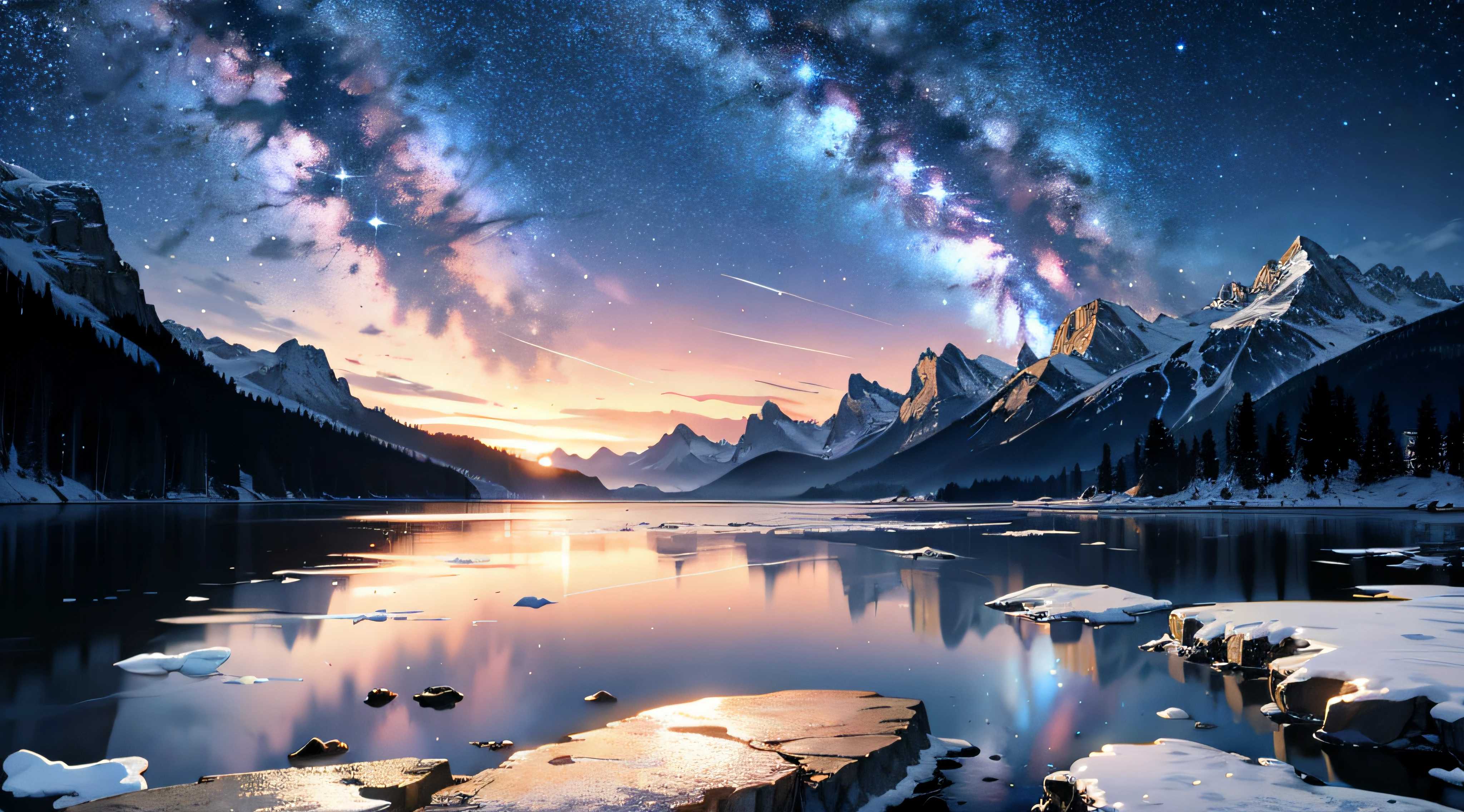 Golden dream starry sky, ice lake, real shot, crack,real, realistic, 8K, ultra wide angle, panorama, 3D,Ultra HD, high pixel,HD