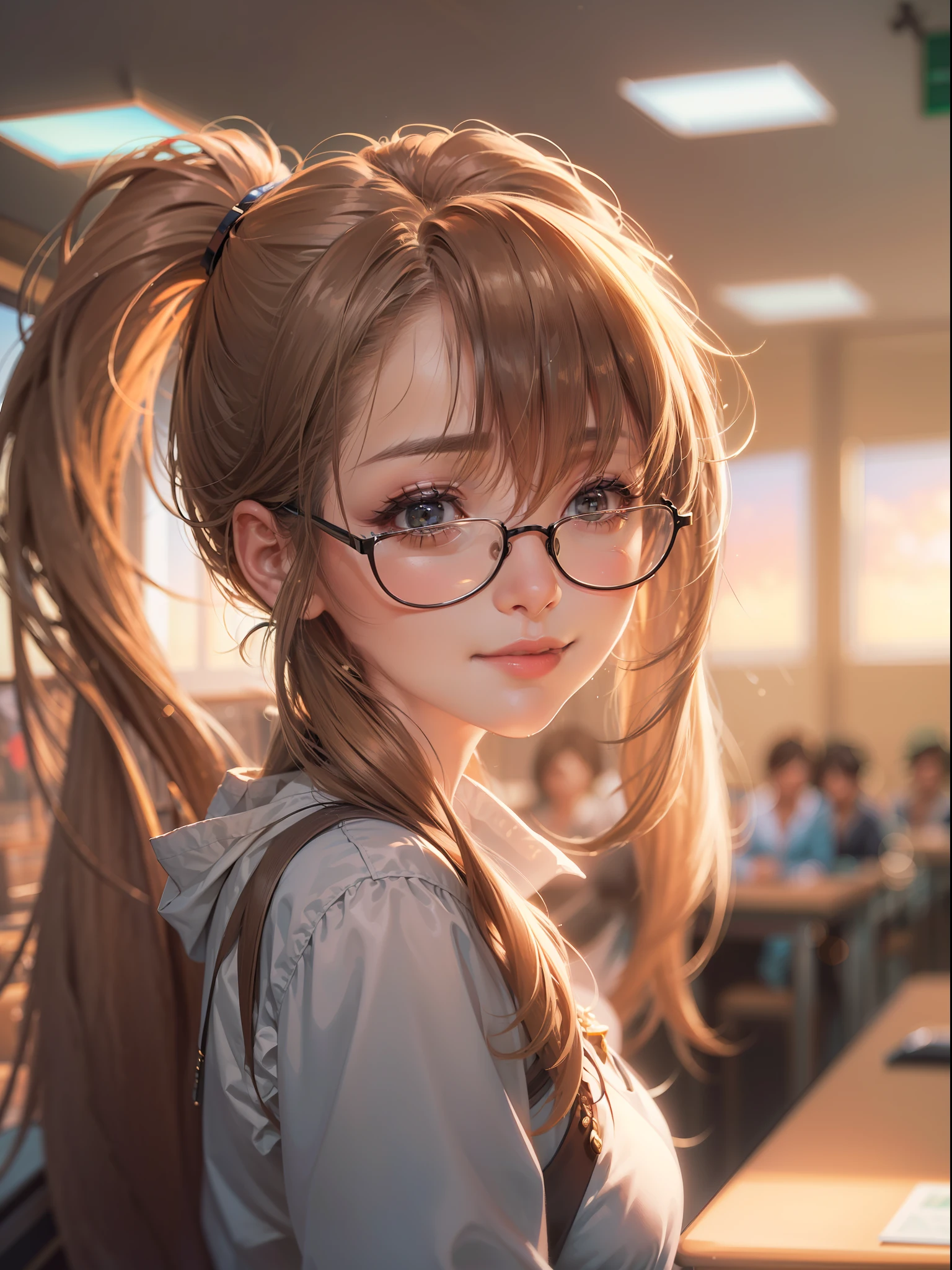 (((Masterpiece))),(((Best quality))),(((Amazing detail))),((illustration)),((A high resolution)),((8K)),((Anatomically correct)),Brown long hair,High ponytail,Delicate hair,black-frame glasses,Light smile,adjusting eyewear,angle of view,Anime,Depth of field,Classroom Background,Sunset,Soft light,From above,Lens flare
