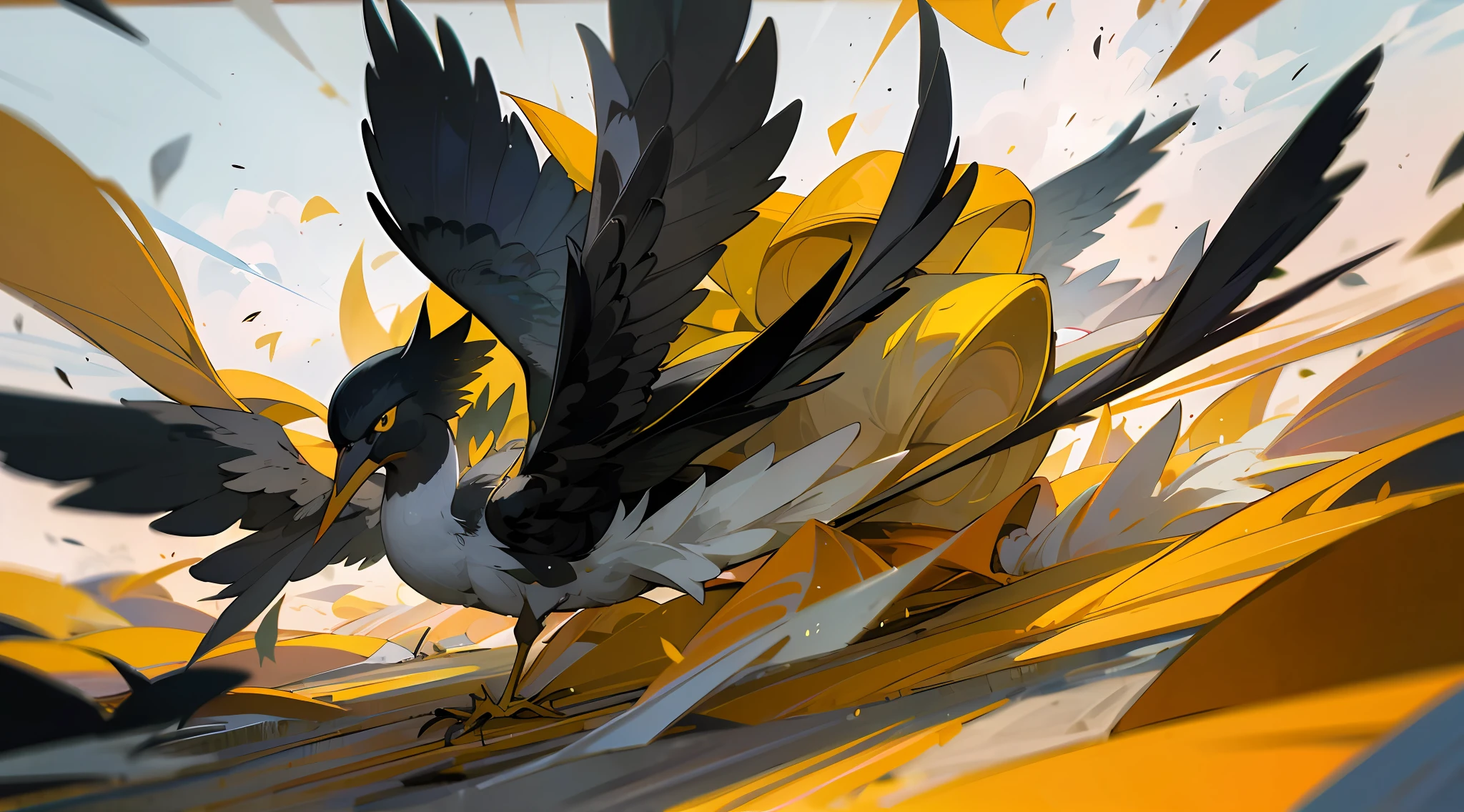 Use comandos para criar uma estampa abstrata de aves em movimento, em fundo preto, with dynamic lines.