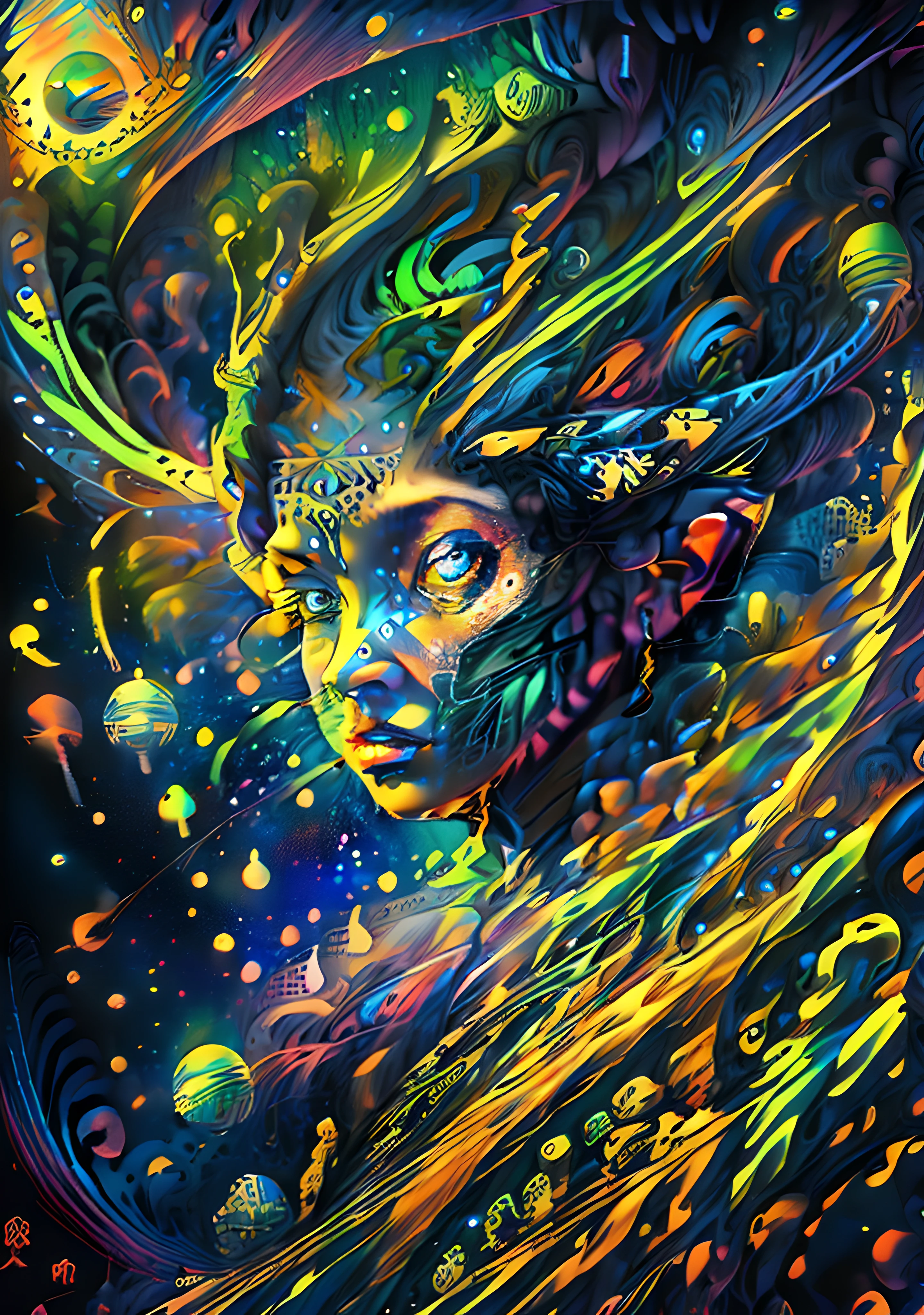 (High resolution, incredibly detailed, masterpiece), intricate portrait of a beutifull elf ,beautifull face,riding a mysterious flying dragon in the sky full of stars , featuring fractal geometry in (vibrant colors:0.9), set against a (galactic background:1.3), bringing together complex, mesmerizing shapes and patterns,dmt ,fractal art,stars and galaxies