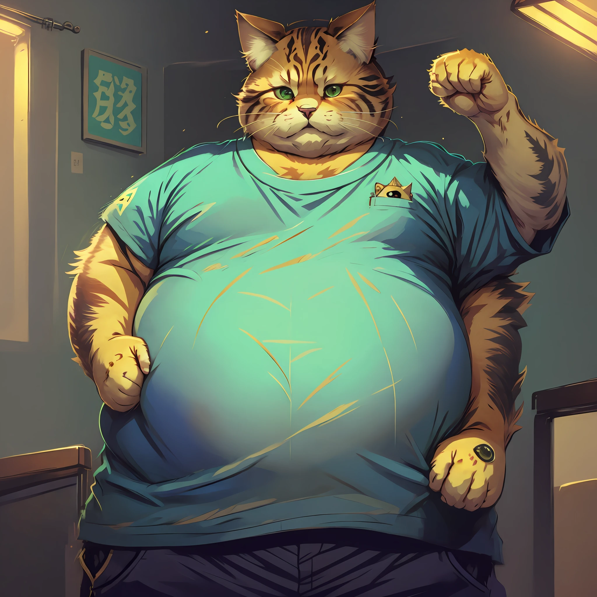 An Extremely chubby cat boy waking up, furry, anime style, fat boy --auto