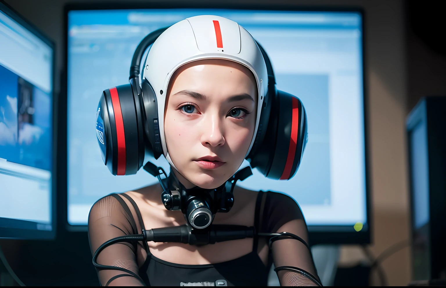 сложный 3D-рендер, ultra detailed beautiful porcelain android woman face, Young woman sitting at the computer in a friendly position with sexual overtones,  zolotisní world,  robotic details, 150 mm, Beautiful studio soft light, Edge light, Vivid details, luxurious cyberpunk, lace, A hyper-realistic, anatomical, facial muscles, cable, electrical wires, microchip, elegant, Beautiful background, Octane imaging, HR Giger Style, 8K, beste-Qualit, tmasterpiece, illustartion, Extremely thin and beautiful, Extremely detailed, computer graphics, unity, wallpapers, (realisti, photo-realistic: 1,37), breath taking, Finely detailed, tmasterpiece, beste-Qualit, official arts, extremely detailed wallpapers Computer graphics Unity 8K, Absurd, Incredibly absurd, a robot, Silver helmet, The whole body, sedentary