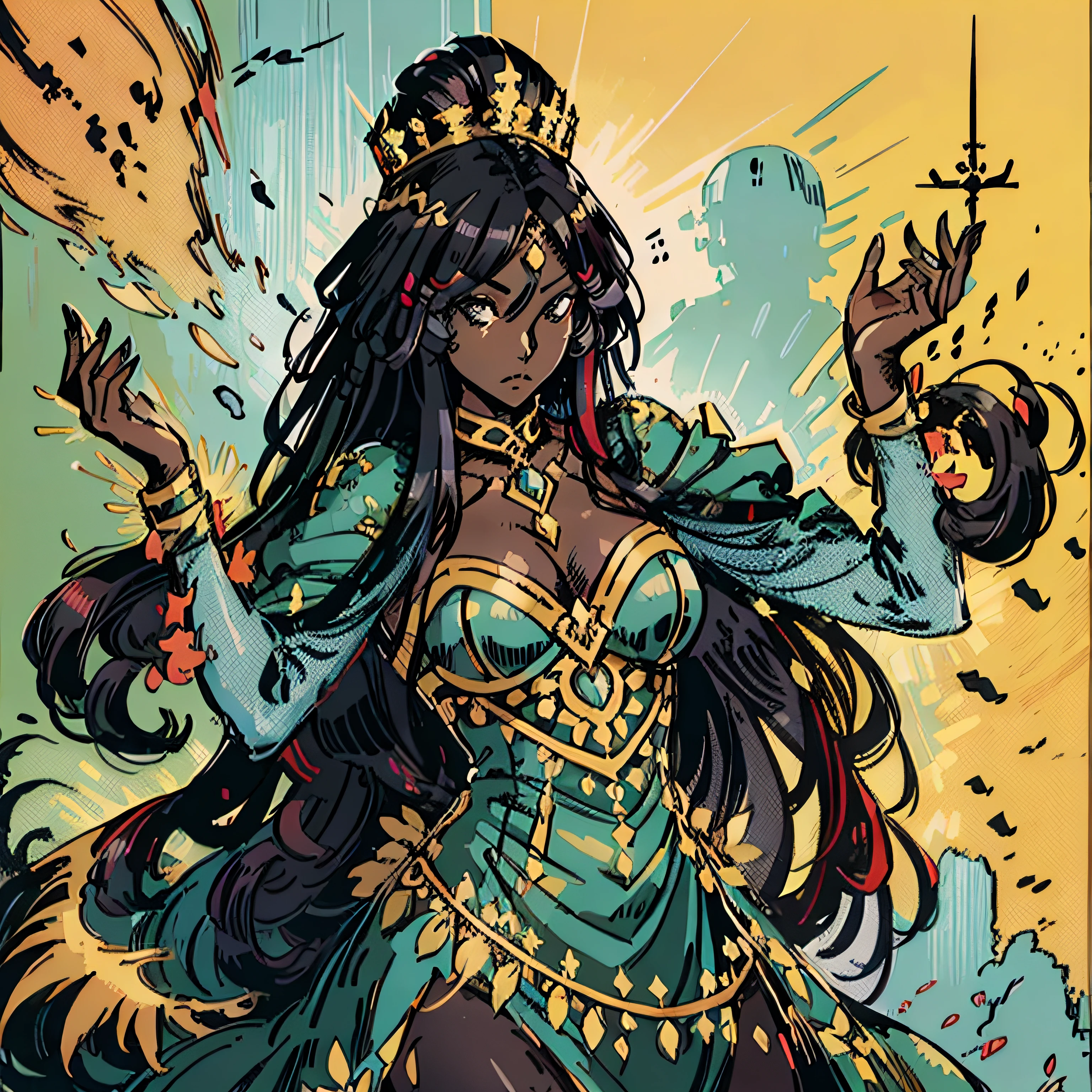 (African dark skin woman+queen pose), (RPG fantasy+action pose), pretty and elegant, (wearing a stunning dress), minimalistic appeal, (small and graceful breasts) (black eyes 1.2), (long hair 1.2)