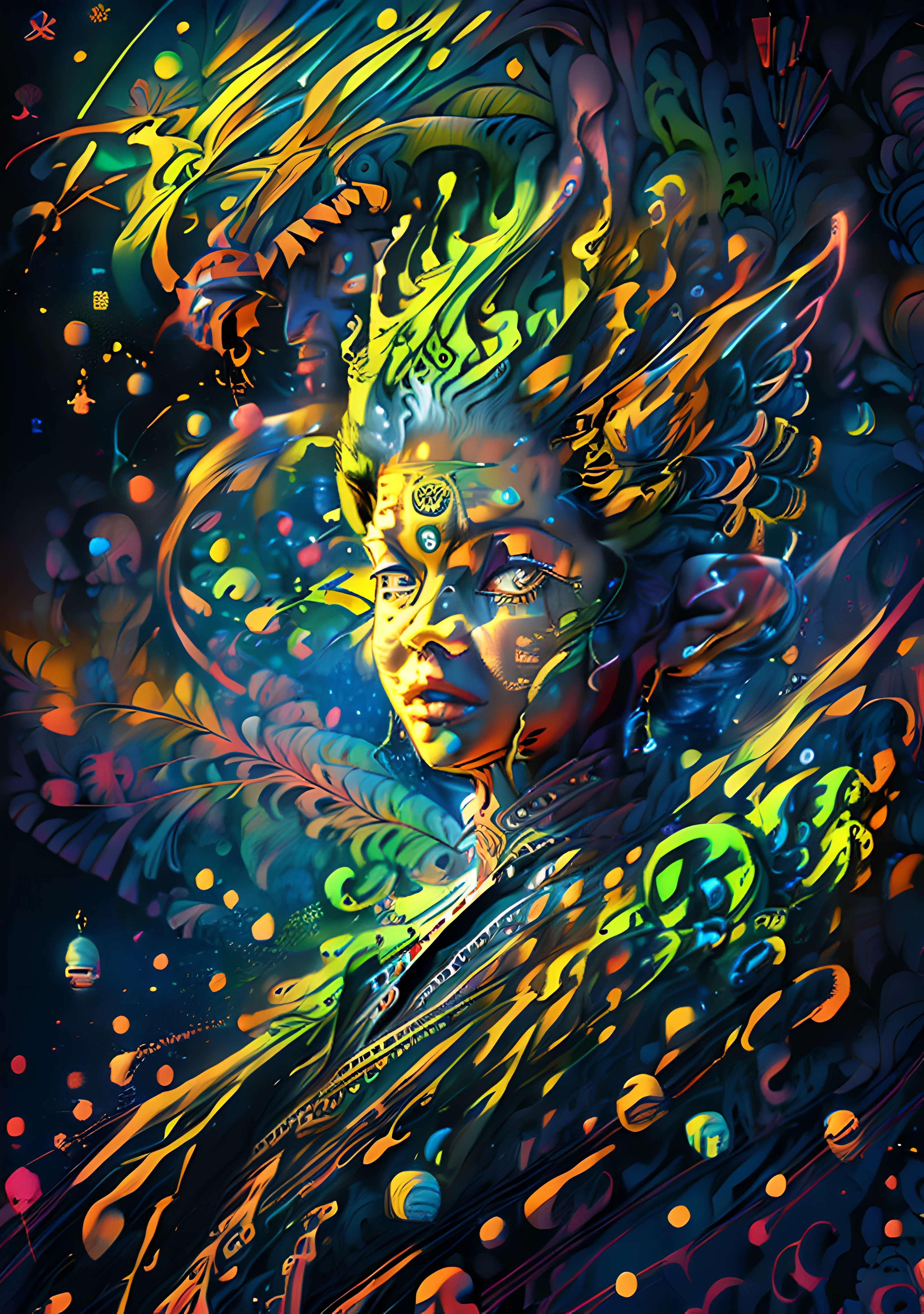 (High resolution, incredibly detailed, masterpiece), intricate portrait of a beutifull elf ,beautifull face,riding a mysterious flying dragon in the sky full of stars , featuring fractal geometry in (vibrant colors:0.9), set against a (galactic background:1.3), bringing together complex, mesmerizing shapes and patterns,dmt ,fractal art,stars and galaxies