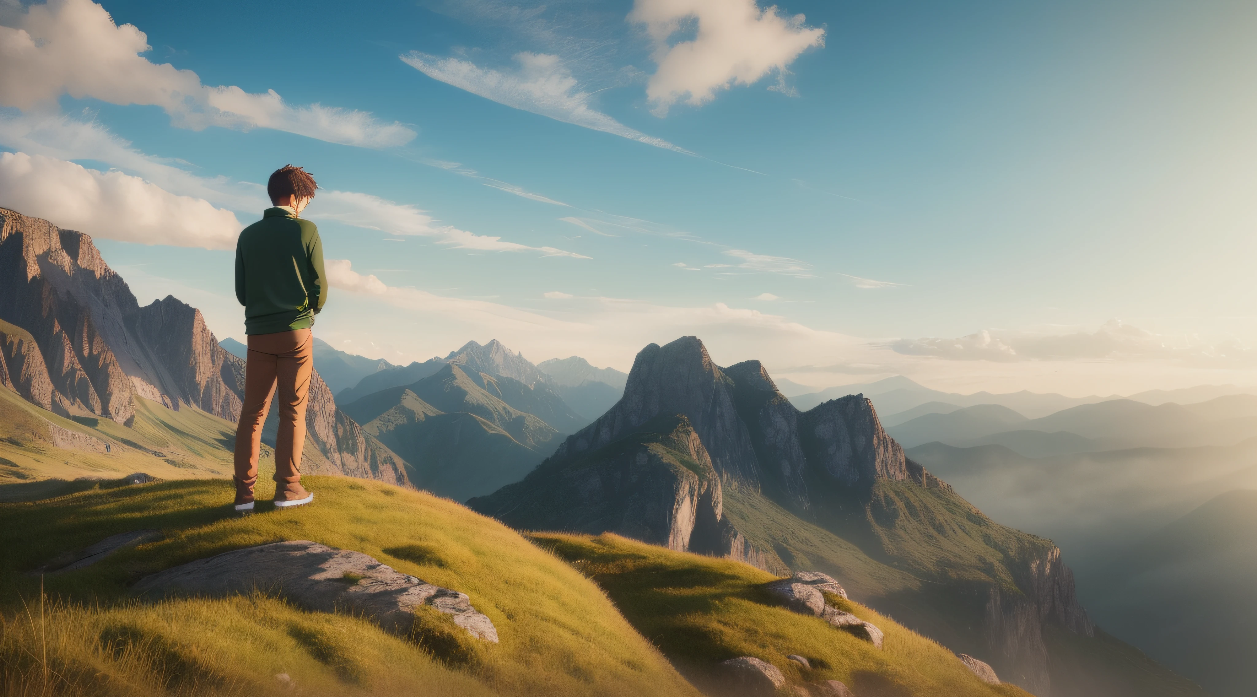 young man with his back on top of a mountain, with spiky brown hair, wearing a green sweater, brown pants, blue shoes, with clouds and mountains in the background, 2D, anime style, studios ghibli style