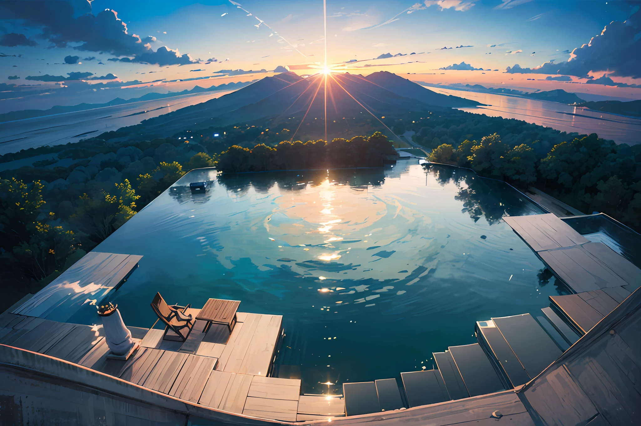 (((top-down view:1.5))), ((distant view)),infinity pool mirrors, infinity pool, infinity concentric pool, epic and stunning, paradise in the background, heaven in the top, sitting on a reflective pool, heaven on earth, sitting in a reflective pool, in a luxurious pool, stunning view, sit on the edge of swimming pool, sunrise