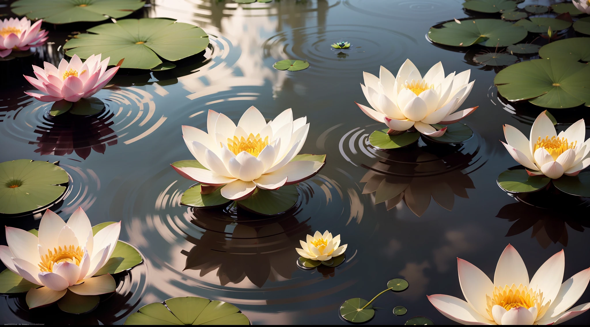 There are many white flowers floating in a pond of water, lotus flowers on the water, lotus flowers, lotus petals, with lotus flowers, lily flowers. 8 mil, flores surreais de waiizi, lily pad, lotus pond, fundo natural zen, powerful zen composition, beautiful depiction, flutuando em um poderoso estado zen, waterlily pond, lotuses, foto muito bonita --auto