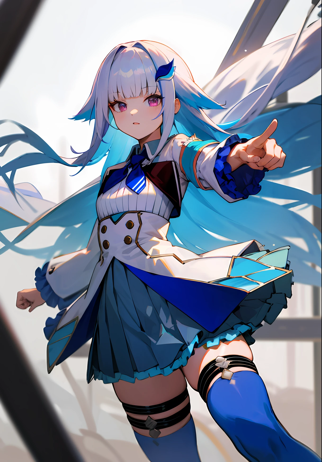 masterpiece, best quality, highres, lh1, hair ornamnet, thighhighs, long hair, long sleeves, pleated skirt, blue thighhighs, armband, frilled skirt, white jacket, white shirt, blue skirt, thigh strap, cowboy shot, pointing, outdoors