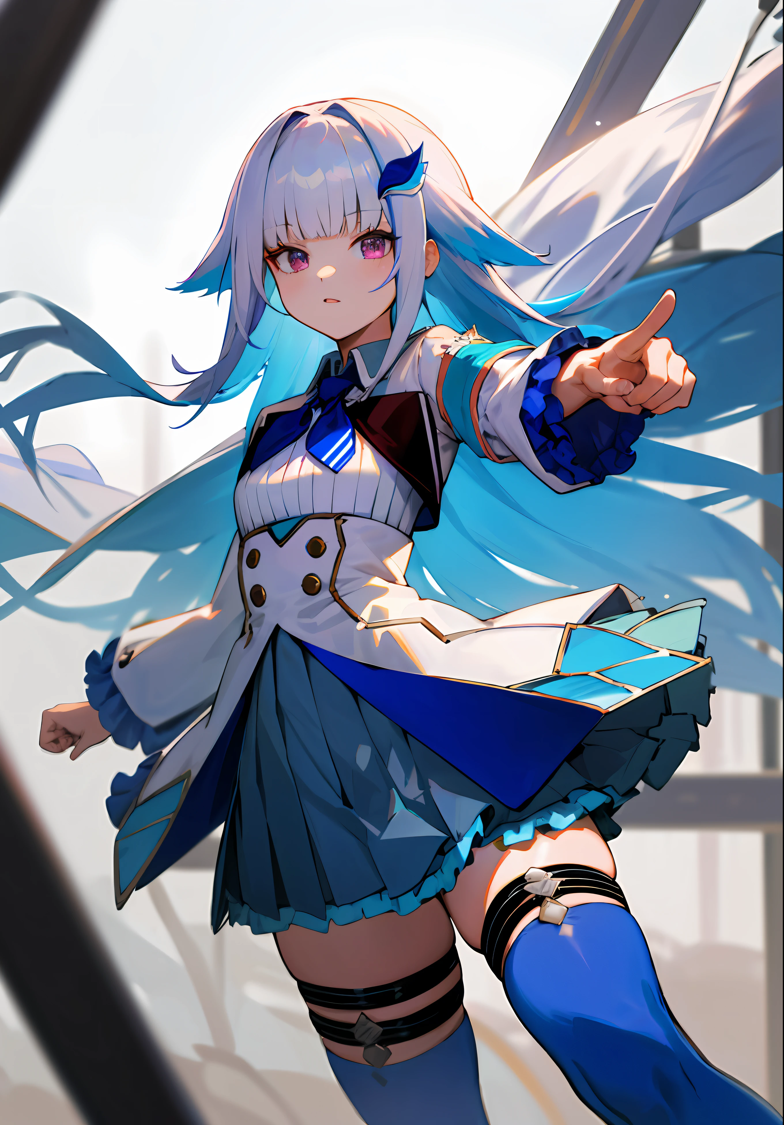 masterpiece, best quality, highres, lh1, hair ornamnet, thighhighs, long hair, long sleeves, pleated skirt, blue thighhighs, armband, frilled skirt, white jacket, white shirt, blue skirt, thigh strap, cowboy shot, pointing, outdoors