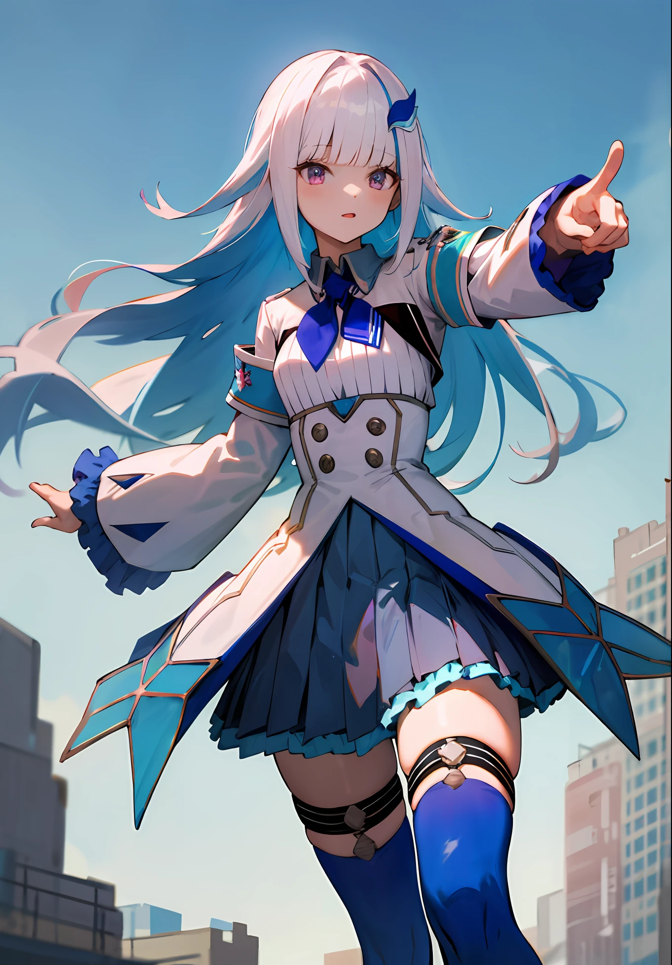 Anime girl with long white hair and blue dress pointing at something ...