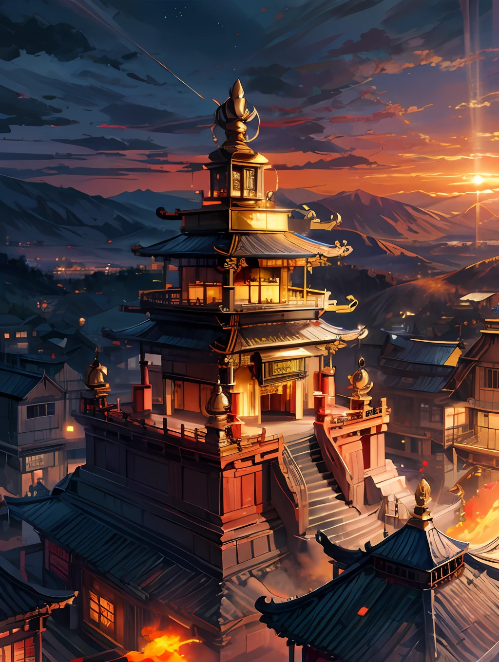 Golden tample, Chinese tample, dragon, dragon tail wrapped the temple peak,mesmerizing view,,digital painting, sunset,wind up,concept art, illustration,