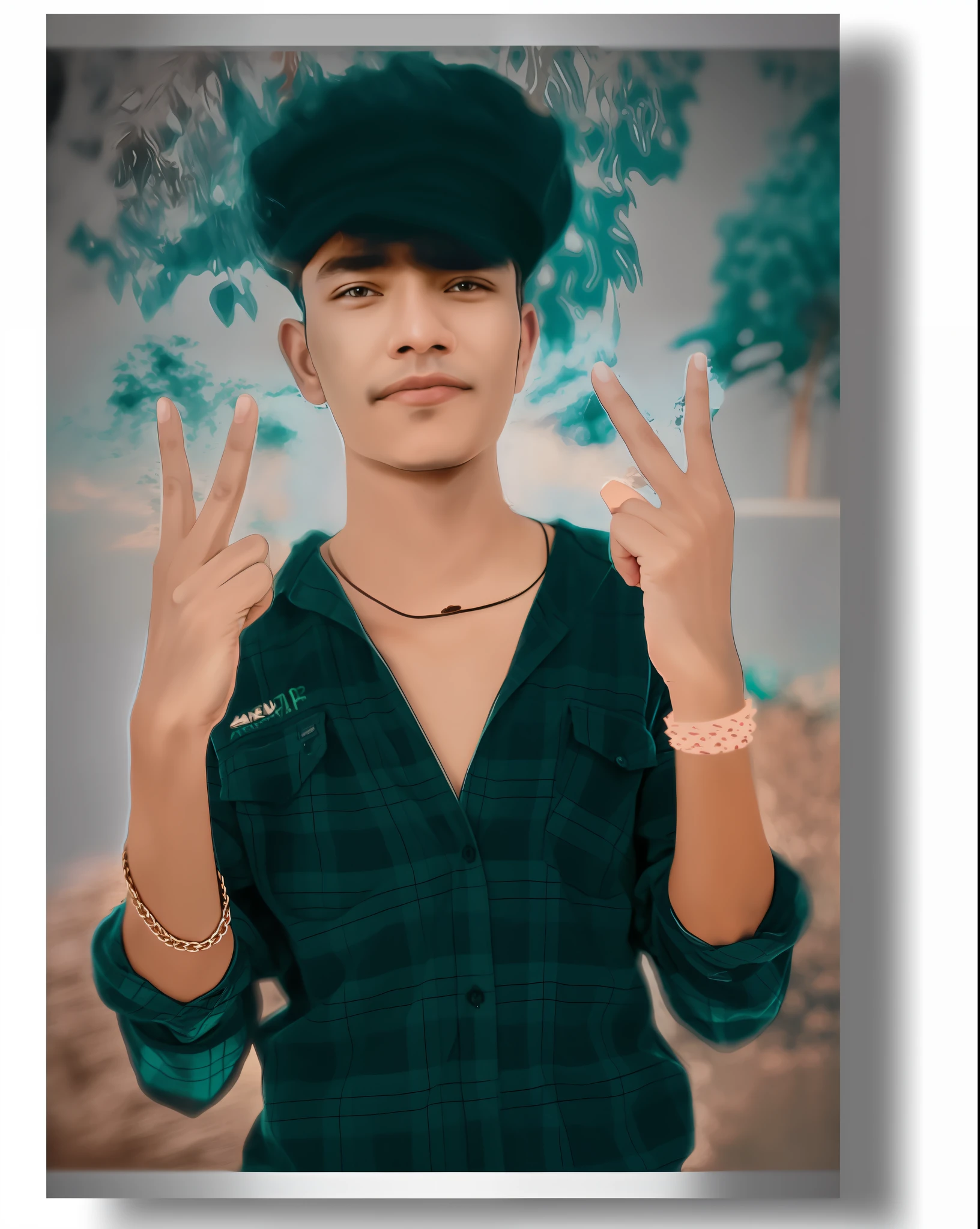 arafed man with a green shirt and a black hat making a peace sign, edited in photoshop, ayan nag, made with photoshop, with accurate face, portait photo profile picture, with index finger, photoshopped, [ digital art ]!!, very very low quality picture, profile pic, background blur, low quality photograph, photograpgy, with lovely look