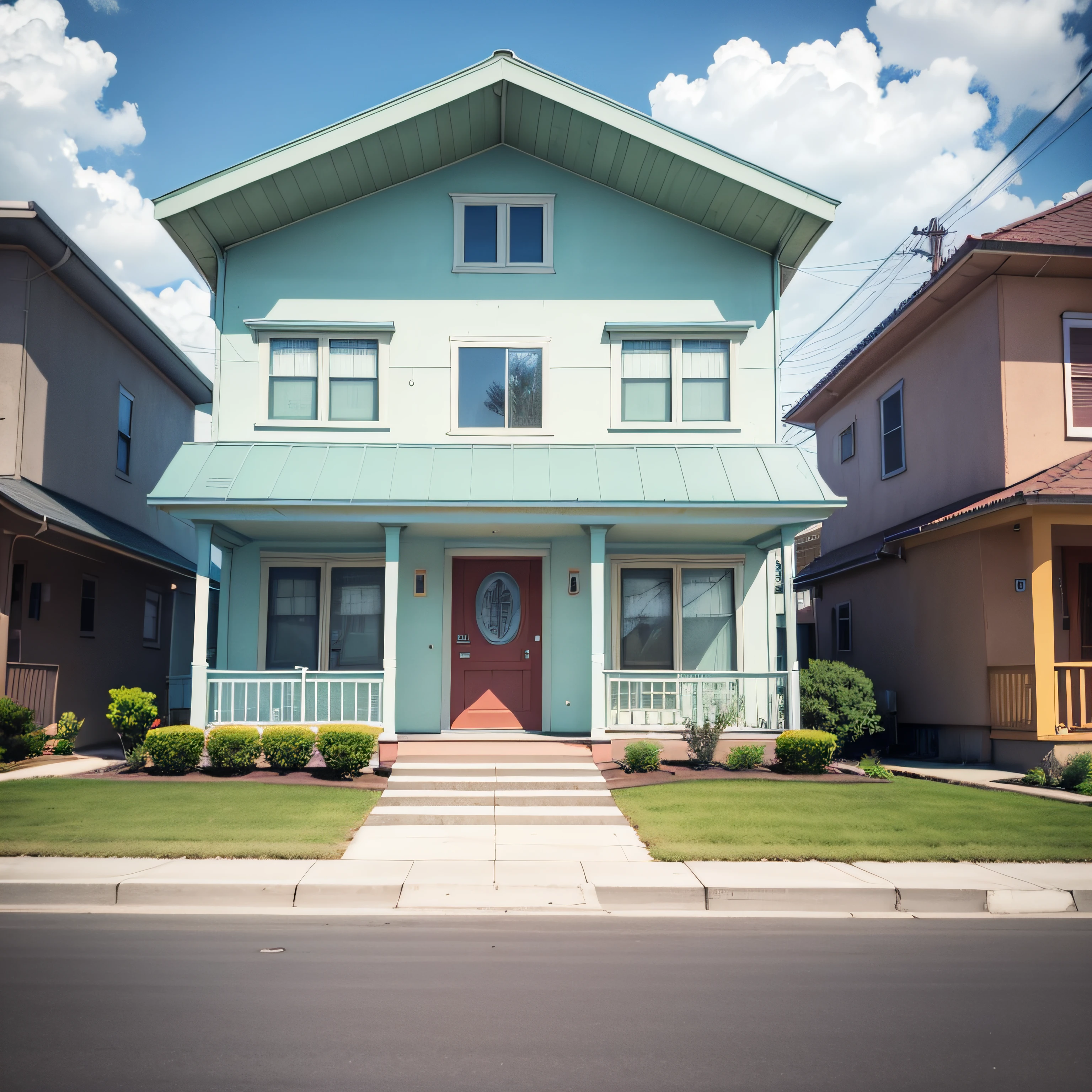 "up front view,70s style house,Candy color,Located on an empty street,There are no other houses。" --auto