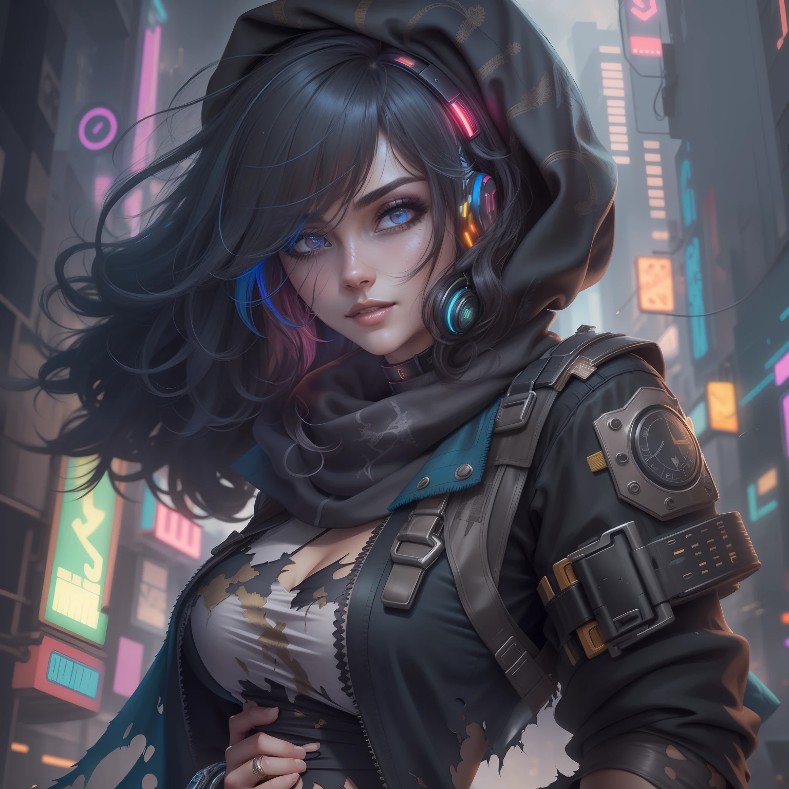 detailed purple and golden patterns,(colorful Cyberpunk City background:1.5),standing,(nun scarf),mature woman,((Tactical vest,Armor kneepad)), (messy hair:1.2),(wide eyed:1.25),(random shaped hair:1.3),((bangs cover one eye)),((gorgeous detailed eyes)),((eyeshadow)), (((gorgeous detailed face))),blunt bangs,holding a combat knife,cyberpunk,mature woman,seductive smile,spot color sketch,upper body,sweaty,sweat,sweating,medium breasts,(((extremely detailed shadow on skin,detailed realistic rough Grainy skin))),fighting stance,dynamic pose,choker,(filigree),(off shoulder),detached sleeves,beautiful detailed bright pupil,wavy hair,scrunchie,Side ponytail,curly hair,rounded Eyelids,conjoined ((white)) silk lace dress,(((see- through dress,revealing dress,torn clothes))),string panties, thong,leg belt,panty & stocking with garterbelt,garter straps,thighhighs,high heels,highres, (photorealistic),realistic,((masterpiece)),best quality,official art,extremely detailed cg unity 8k wallpaper,dynamic angle,(stunning art), illustration,extremely delicate and beautiful,highres,huge filesize,artstation,concept art,smooth,ultra- detailed,intricate detail,extremely detailed character,an extremely delicate and beautiful,portrait,solo focus,straight-on,dramatic angle,depth of field,emphasized reflection,enhance,solo,