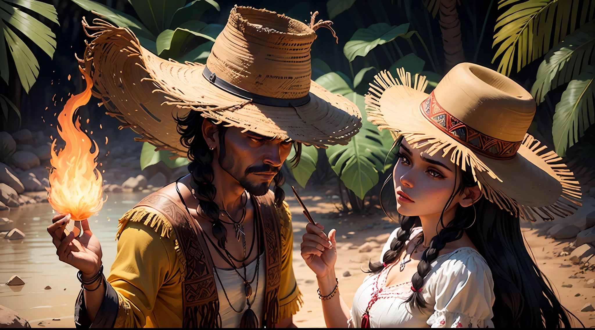 Create an enigmatic illustration of characters from sertanejo folklore interacting with elements of the Caatinga. --auto