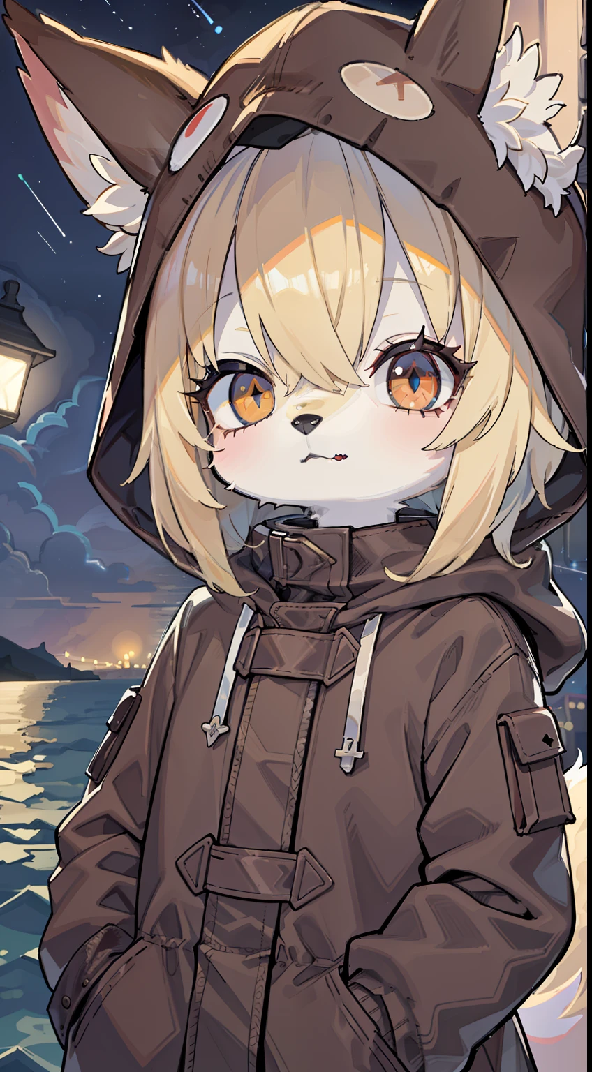Fox Boy，was hairy，shaggy，Golden fur，Golden yellow face fur,Short straight blonde hair，Eyes have light，Red eyes，Super cute face，Brown elements on fur，Brown hooded coat，Beautiful lights and shadows，Ambient light，Ultra-fine fur，volumettic light，Night,natural day light，Fluffy tail，Color Contact Lenses，nevando，Bright pupils，Brown hood up，Night，Starlight at sea，stary sky，seawall，crossed bangs, hair strand, Shiny hair, lone nape hair，Bright pupils，Empty eyes, unconscious，Dilated pupils，sleepy，dark circles， fang