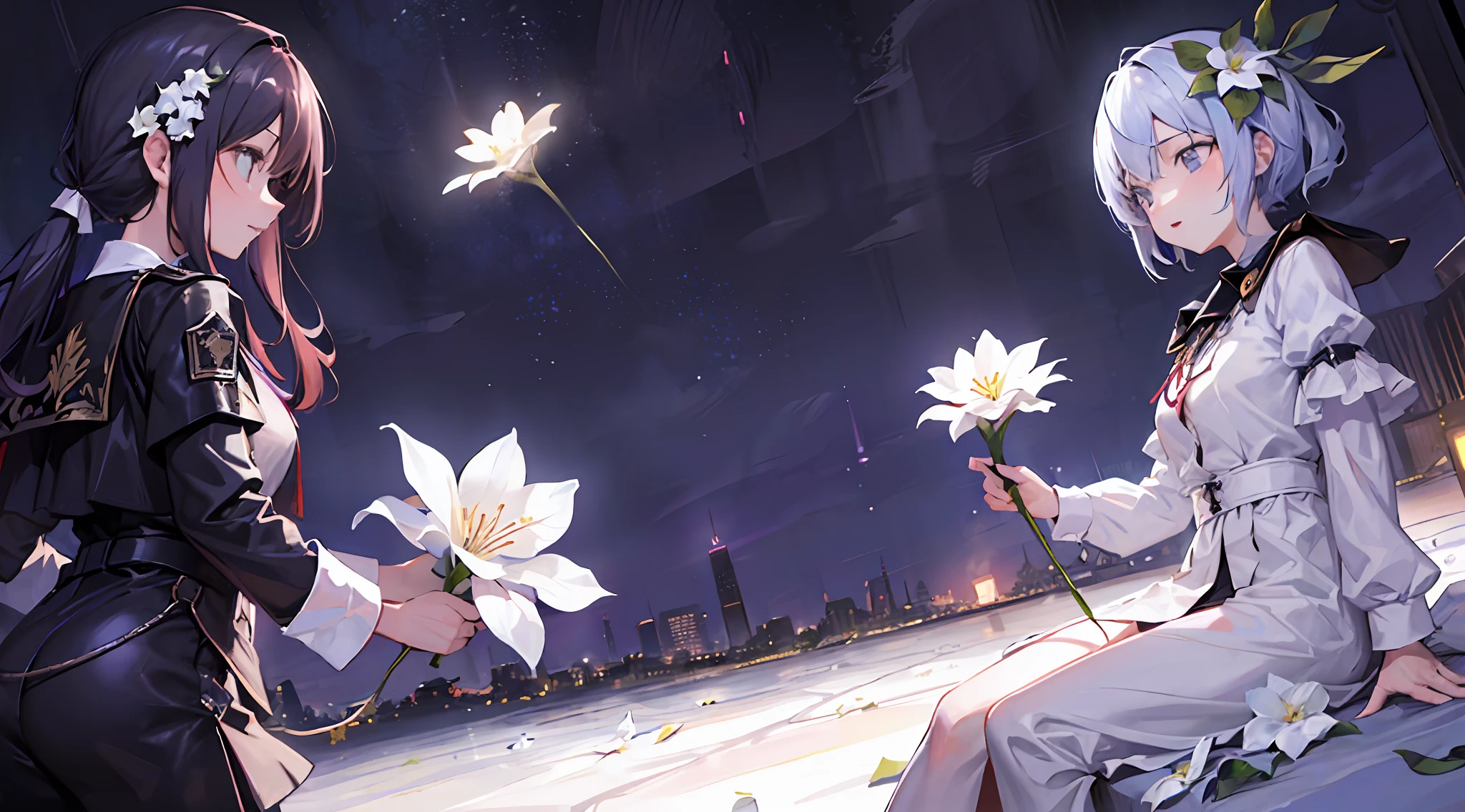 Use commands to create a surreal impression of floating flowers in a night sky, Dynamic image with Fibonatti references on black background.